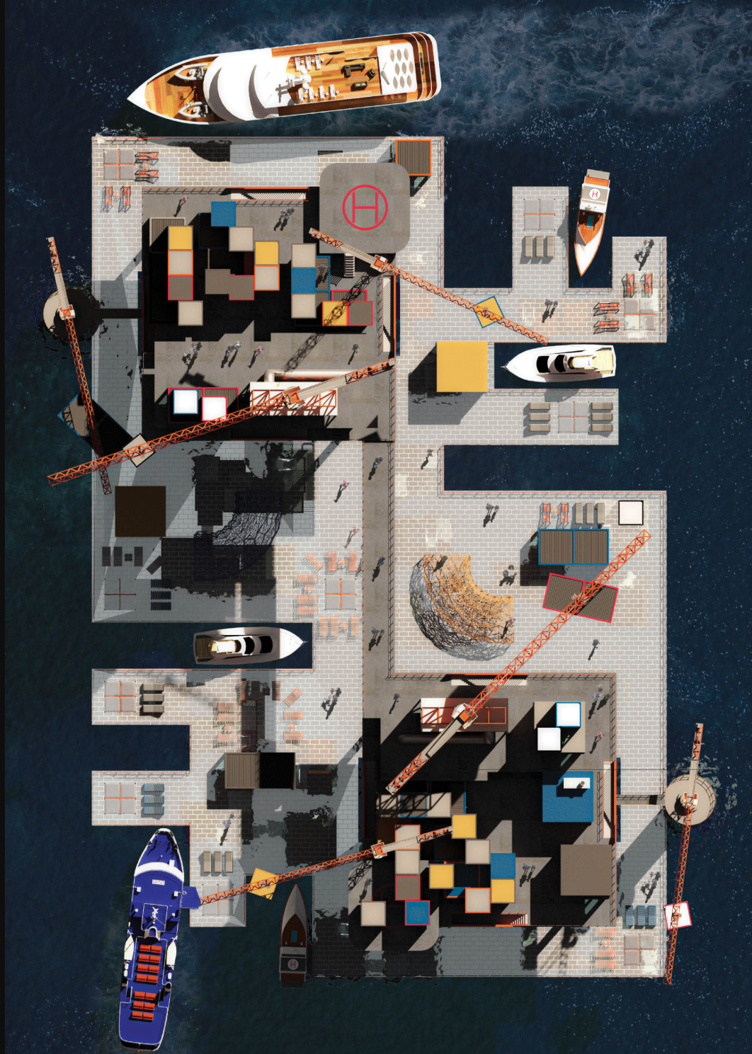 Adaptive reuse masterplan transforming an offshore oil rig into a floating cultural and marine research hub.