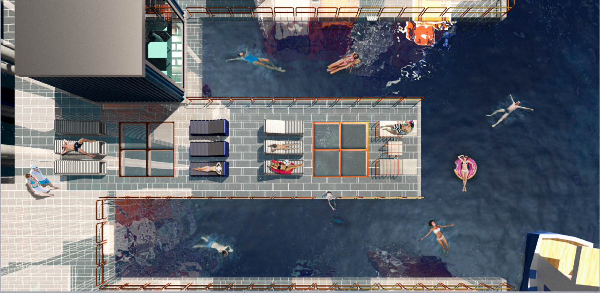 Public waterfront decks merge recreation, marine immersion, and communal gathering above the Adriatic Sea.