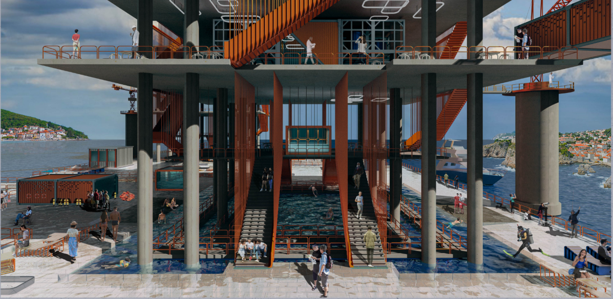Monumental circulation spaces connect public platforms, exhibition areas, and ocean-facing social zones.