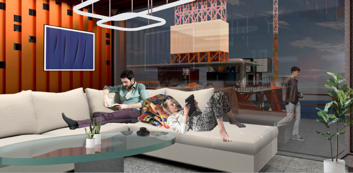 Residential interiors offer panoramic ocean views within modular living units suspended above the sea.