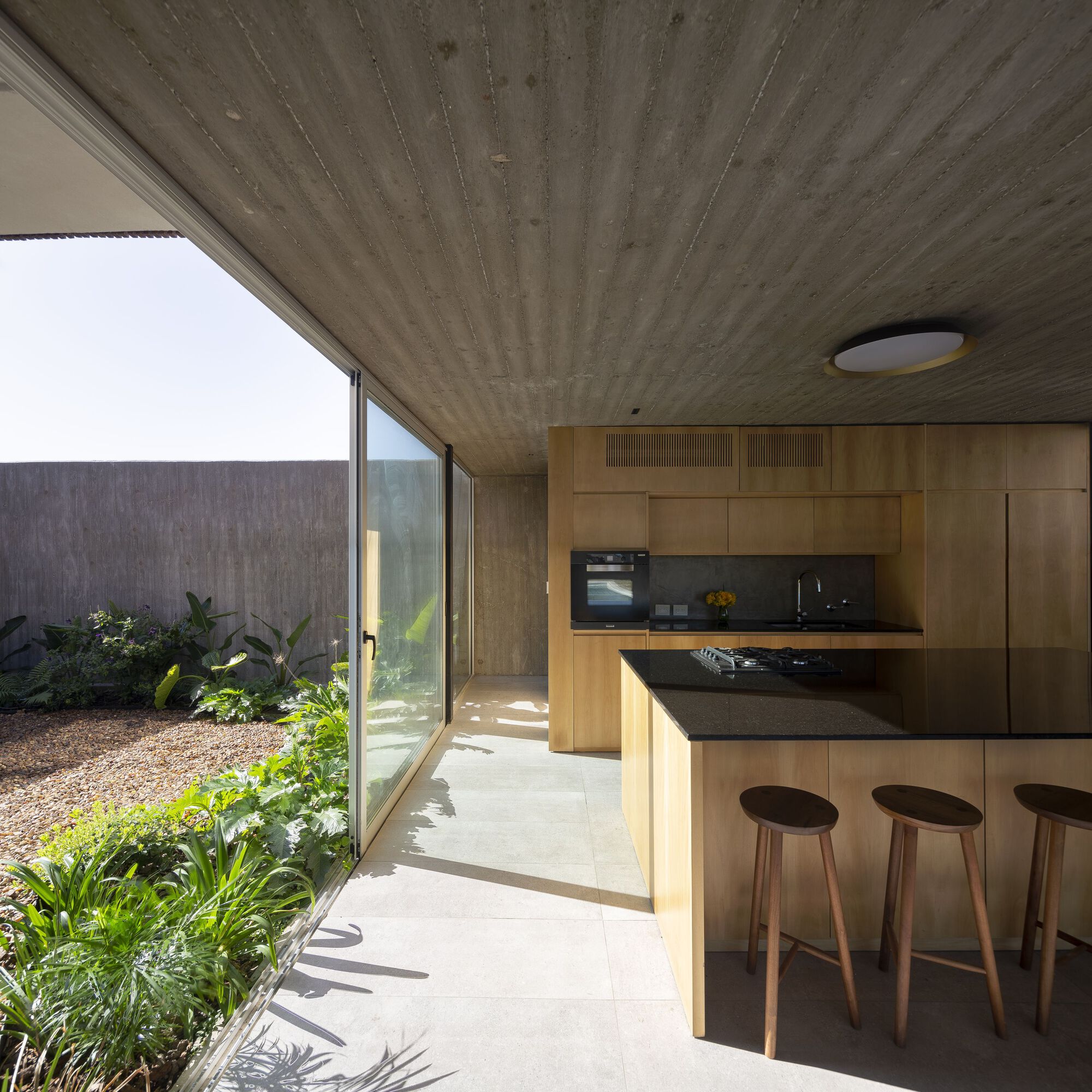 Kitchen with timber cabinetry and board-formed concrete ceiling overlooking planted courtyard through glazed wall