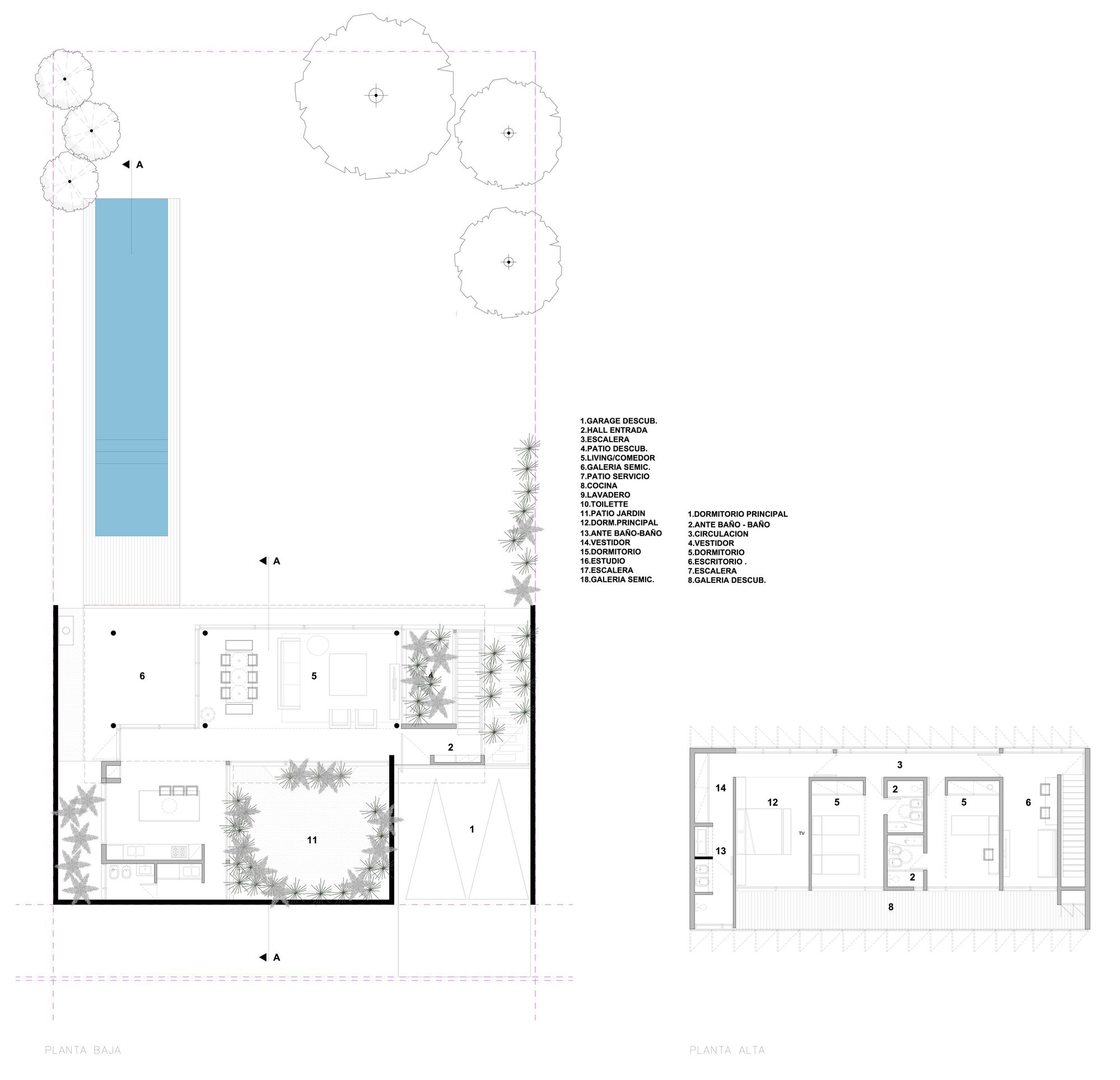 Floor plan drawings showing lower and upper levels with pool and planted landscape elements