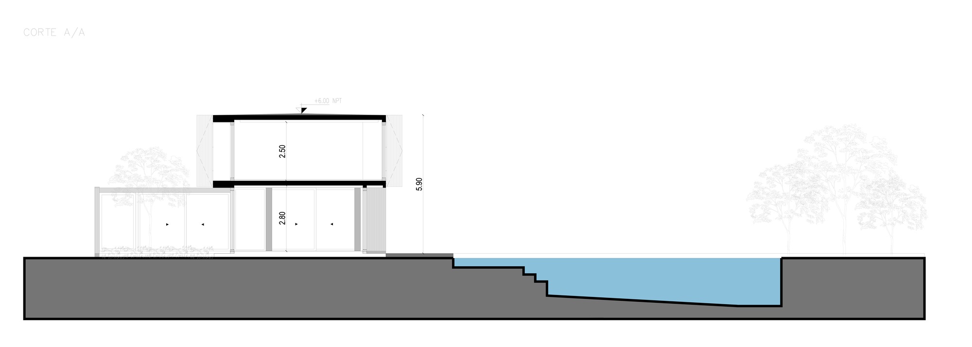 Section drawing illustrating the relationship between interior volumes and stepped pool terrace