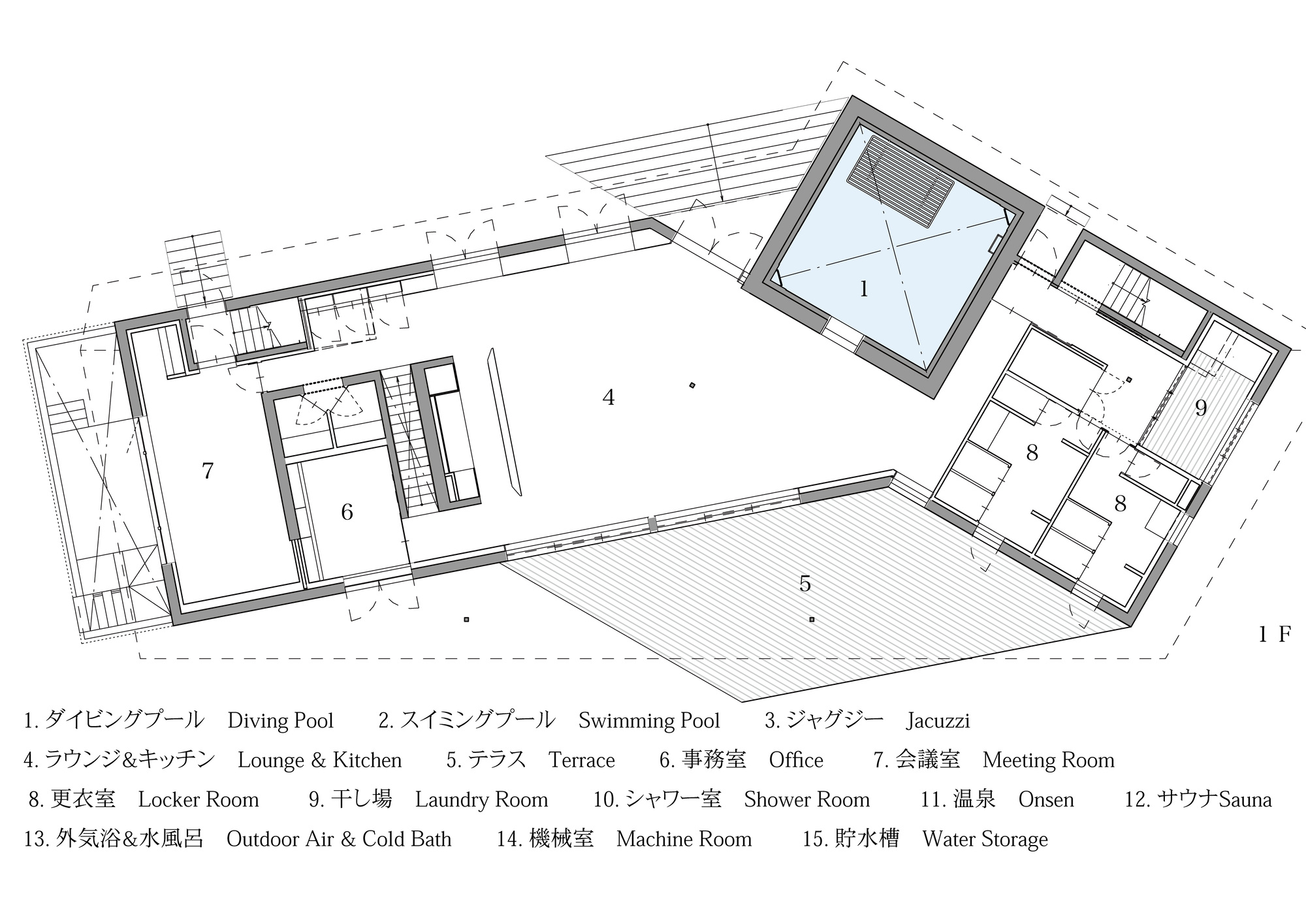 First floor plan drawing depicting angled perimeter walls enclosing terrace, lounge, kitchen, and pentagonal swimming pool