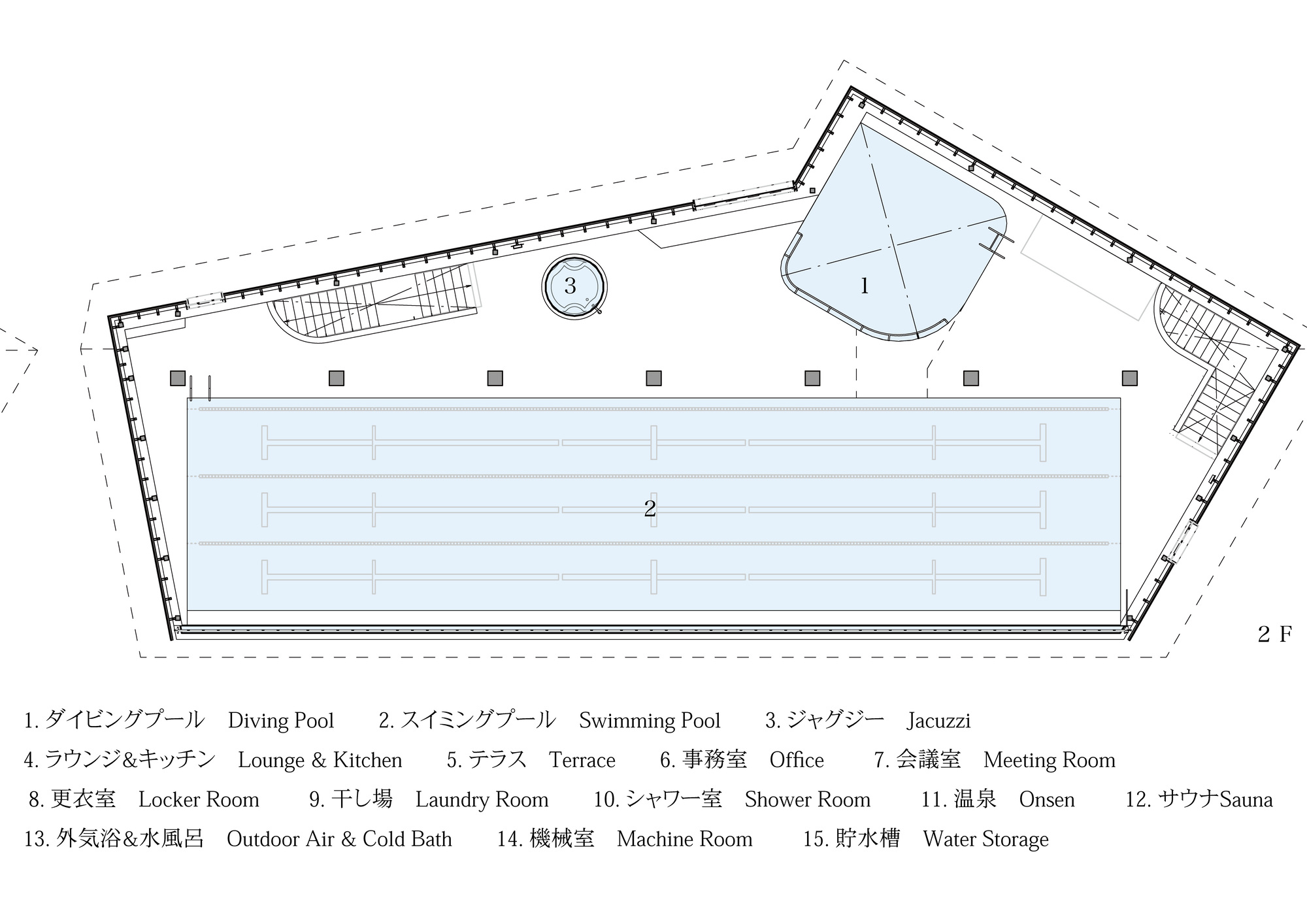 Second floor plan drawing showing lap pool spanning the width with diving pool and jacuzzi in corner