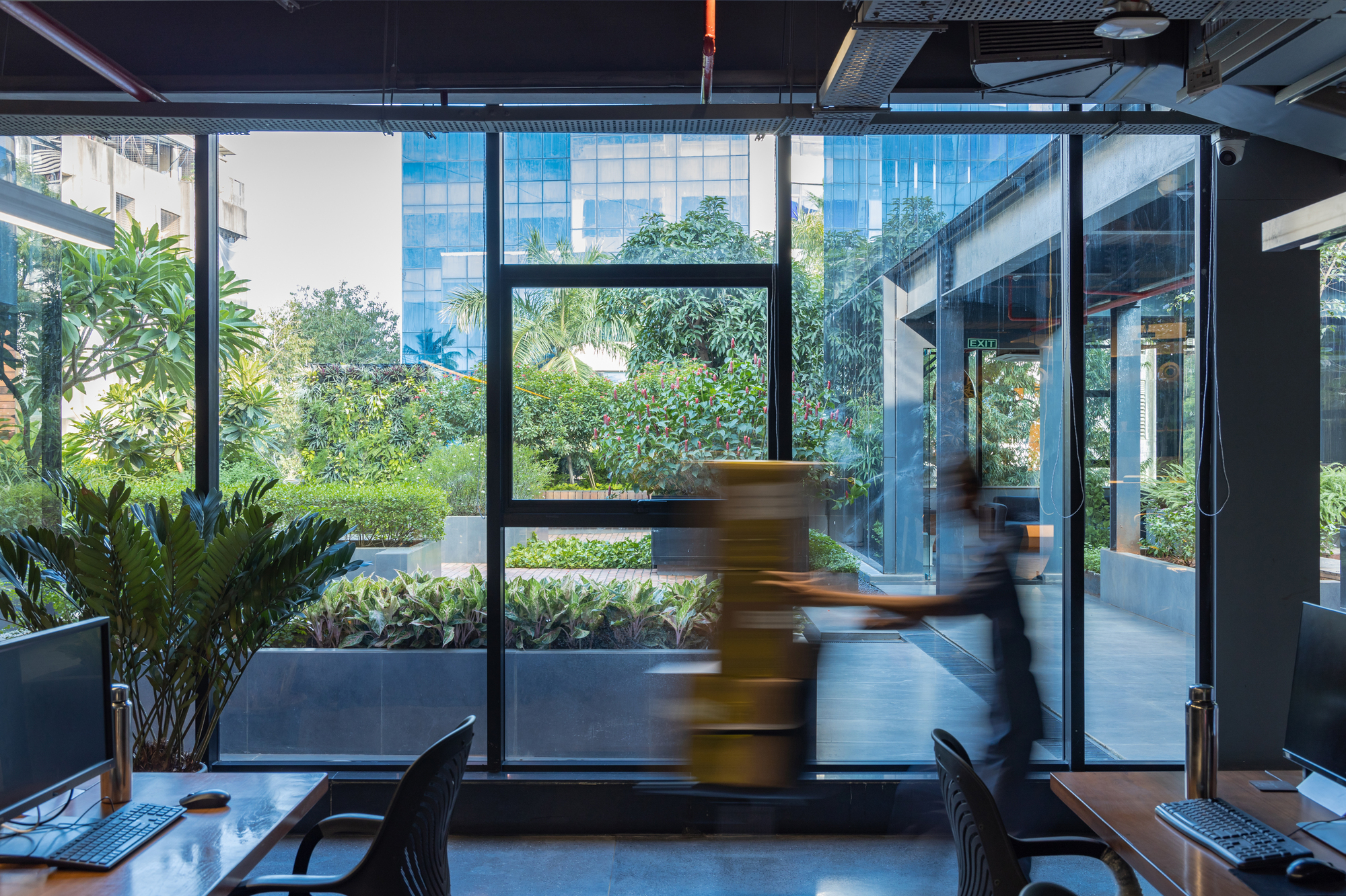 Office workspace looking through glass walls to landscaped courtyards with blurred figures in motion