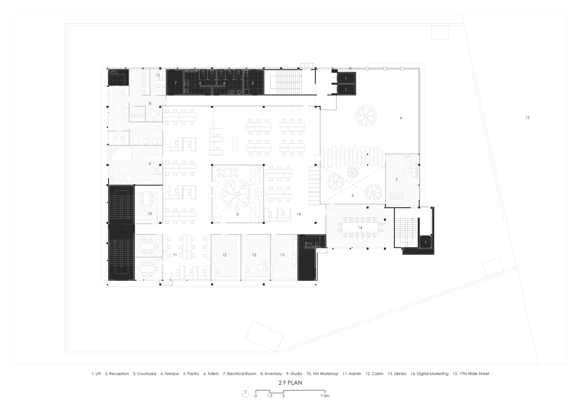 Second floor plan drawing showing open office areas with workstations and enclosed rooms around a central courtyard