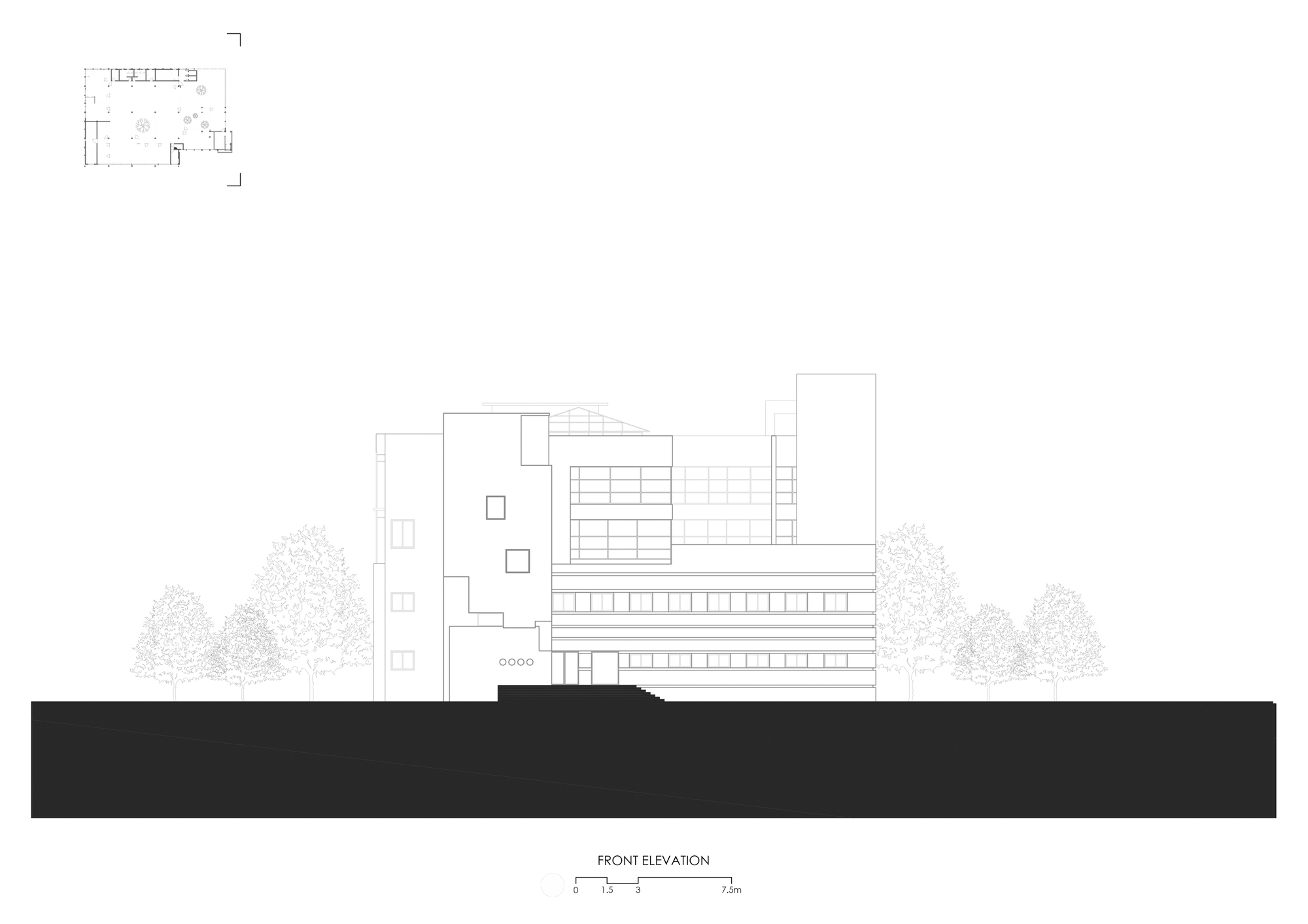 Front elevation drawing showing stacked volumes of varying heights with surrounding landscape in outline