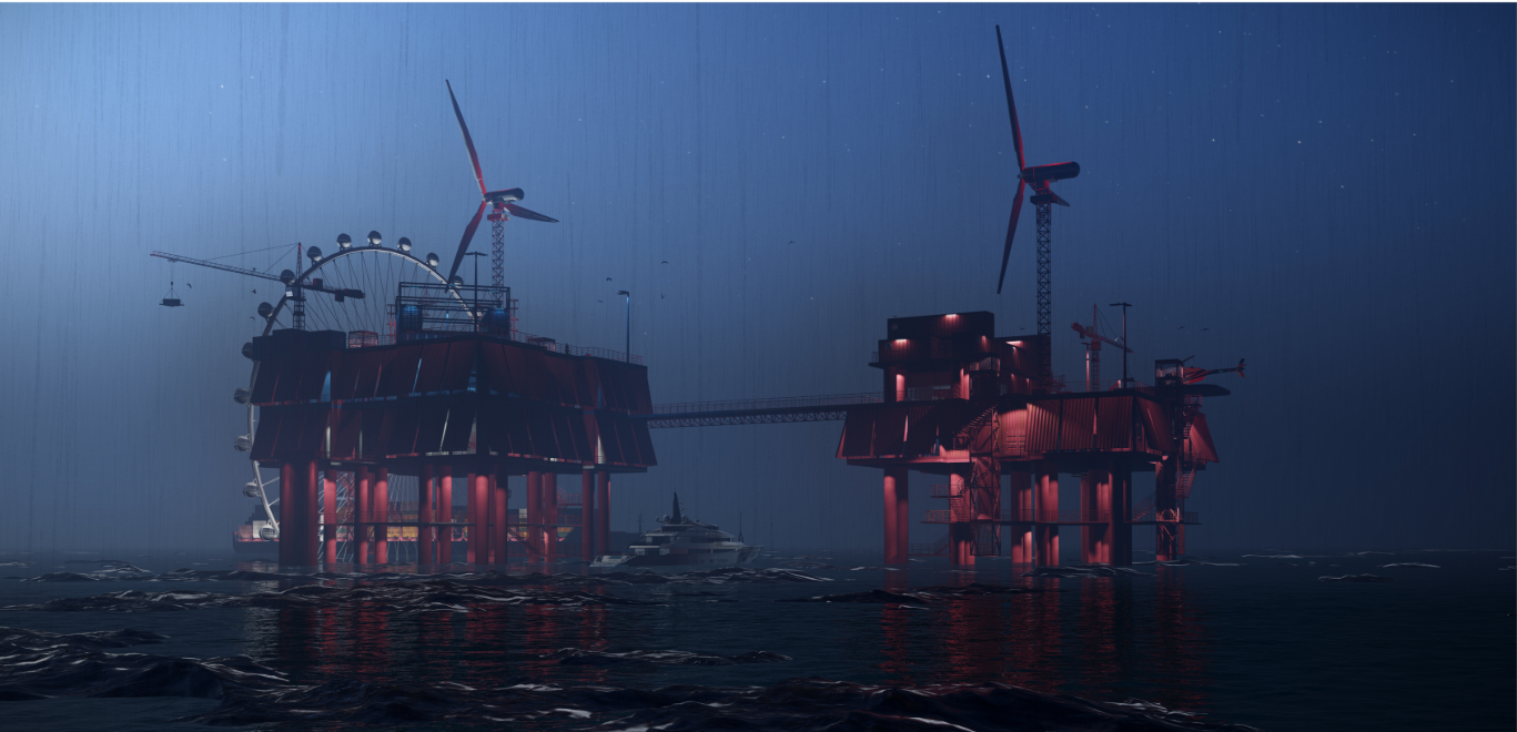 Adaptive reuse architecture transforms a former oil rig into a vibrant offshore community powered by recycled containers and renewable energy.