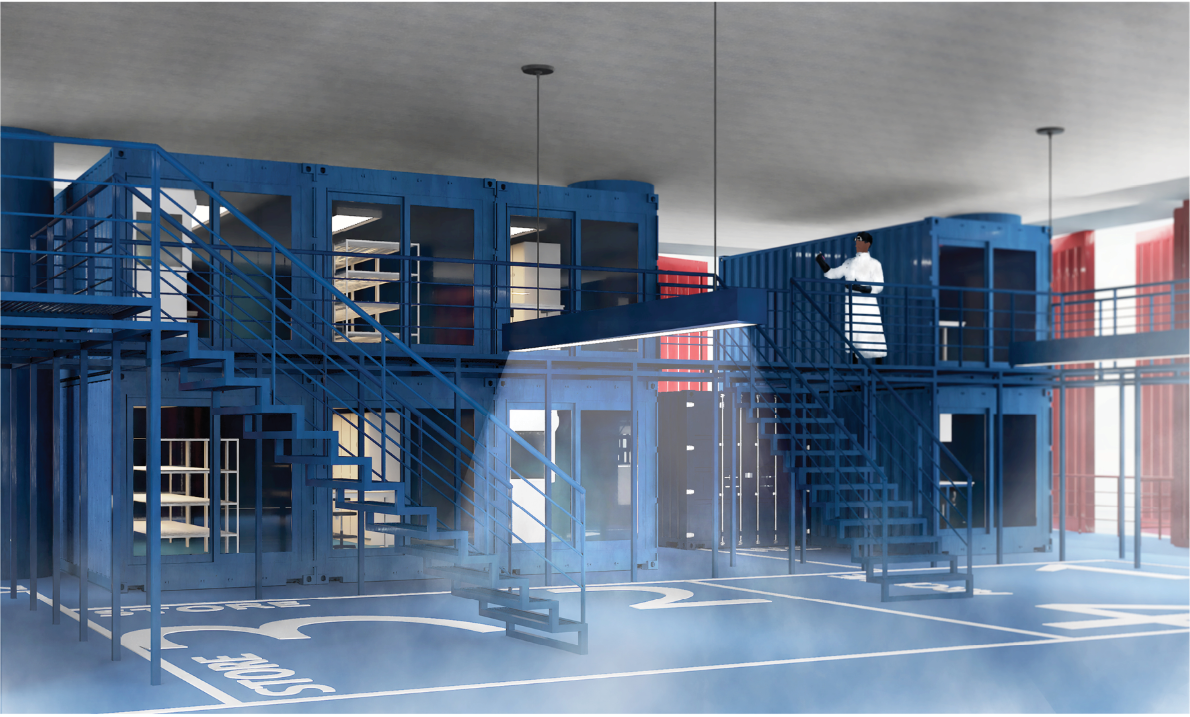 Marine research laboratories housed within repurposed containers provide spaces for ocean observation and environmental studies.