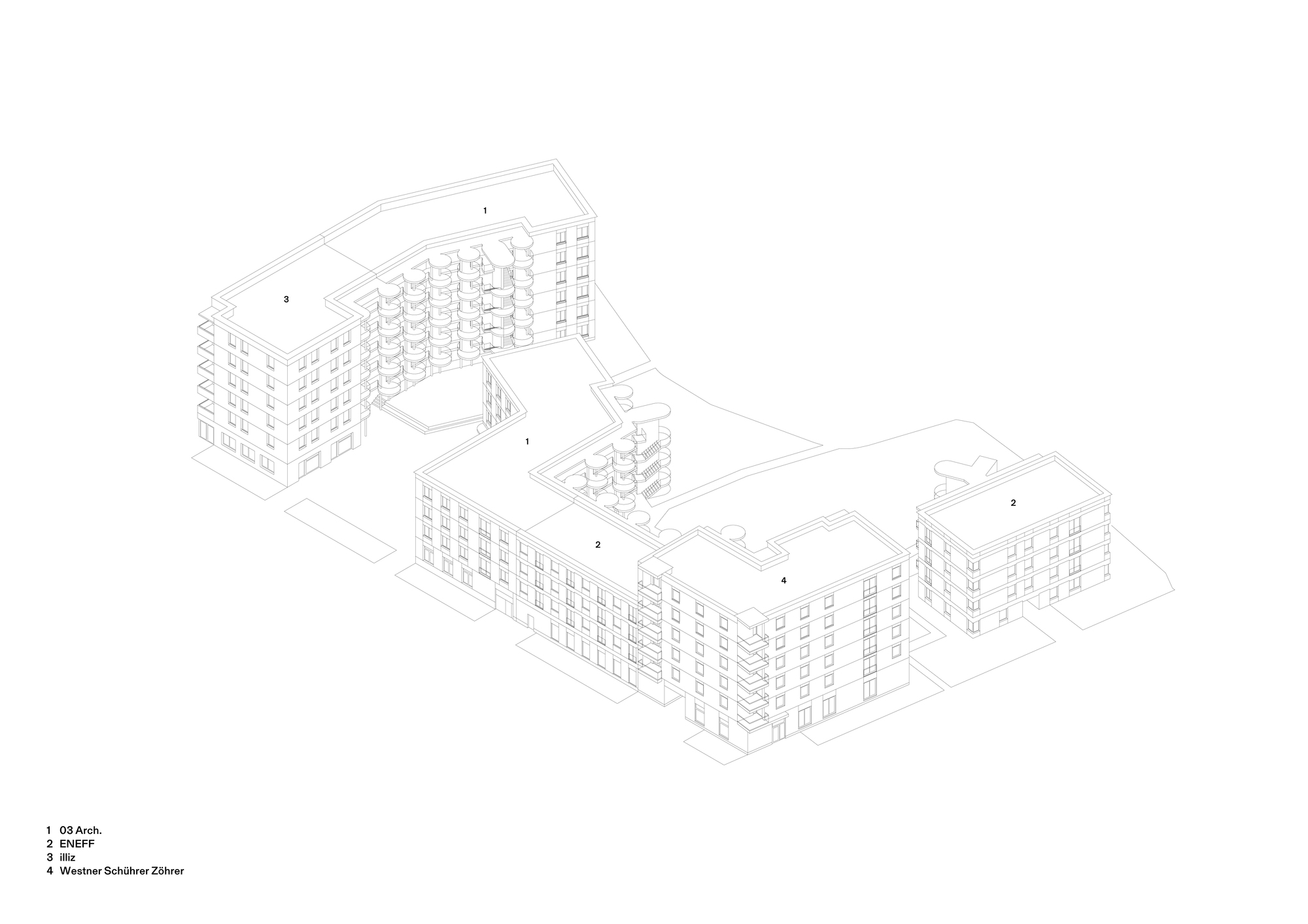 Axonometric drawing showing a residential complex with multiple wings arranged around internal courtyards