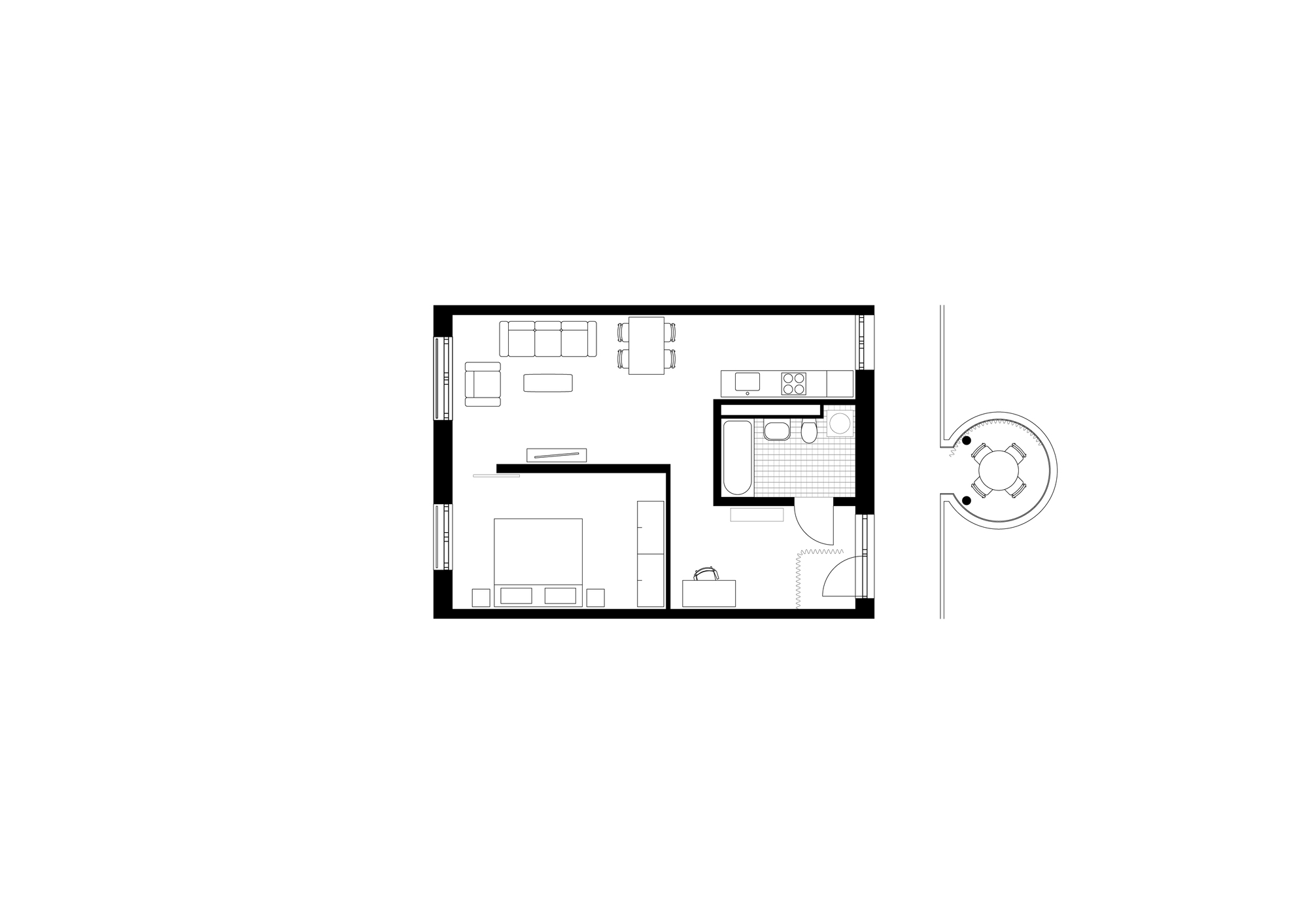 Floor plan drawing showing a compact dwelling with living area, bedroom, bathroom, and a circular outdoor element