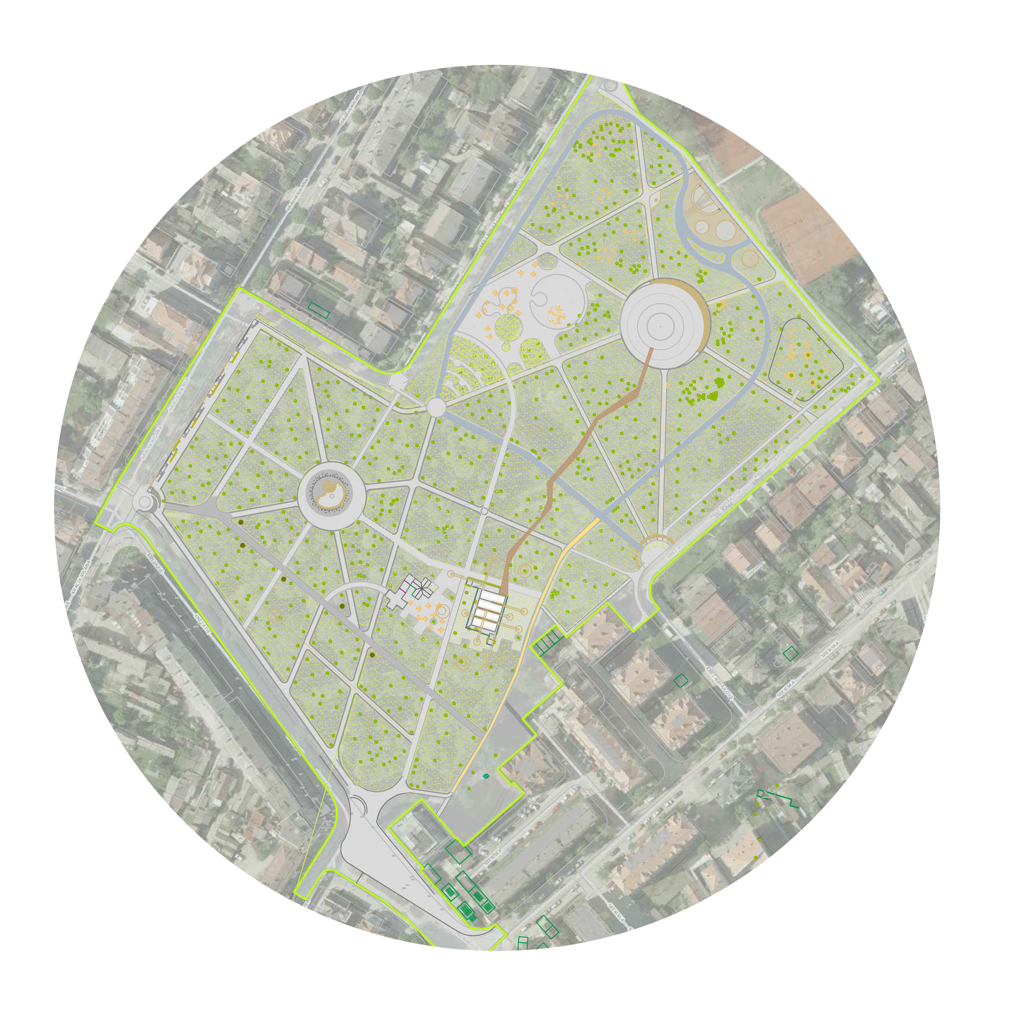 Aerial site plan drawing overlaid on satellite imagery showing pathways and circular plazas with adjacent urban fabric