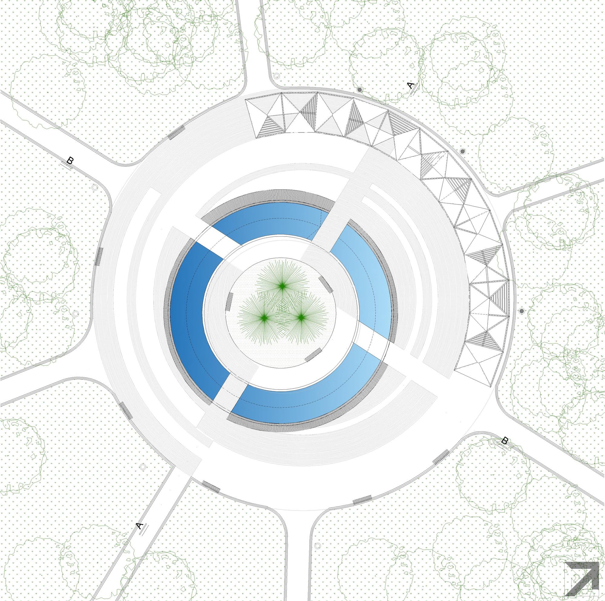 Site plan drawing showing a circular building with blue water features and triangular roof elements amid landscape vegetation