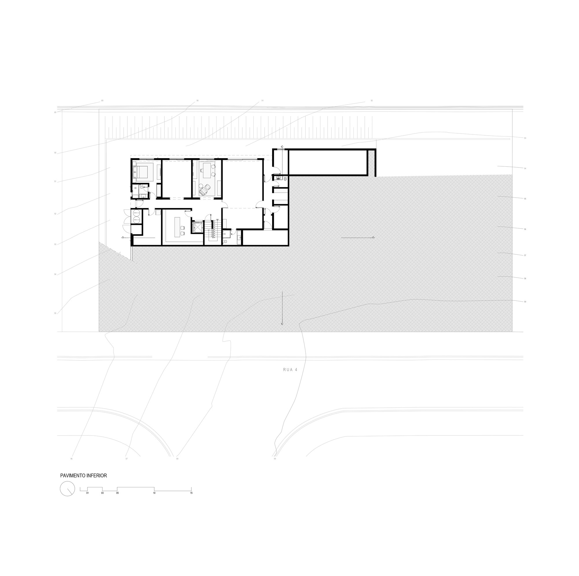 Upper floor plan drawing showing bedroom suites and large outdoor deck with hatched paving pattern