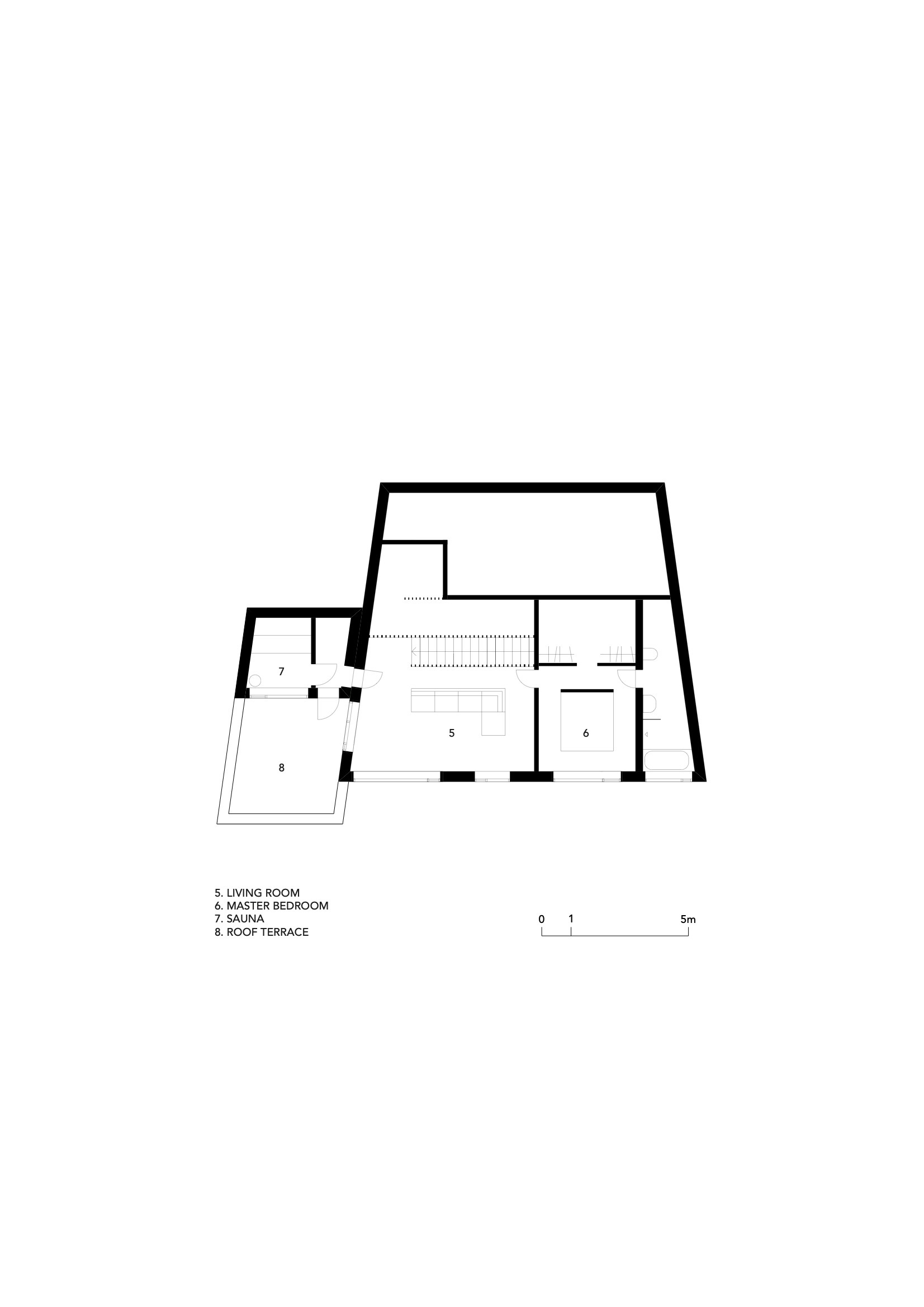Floor plan drawing showing upper level with living room, dining room, sauna and roof terrace