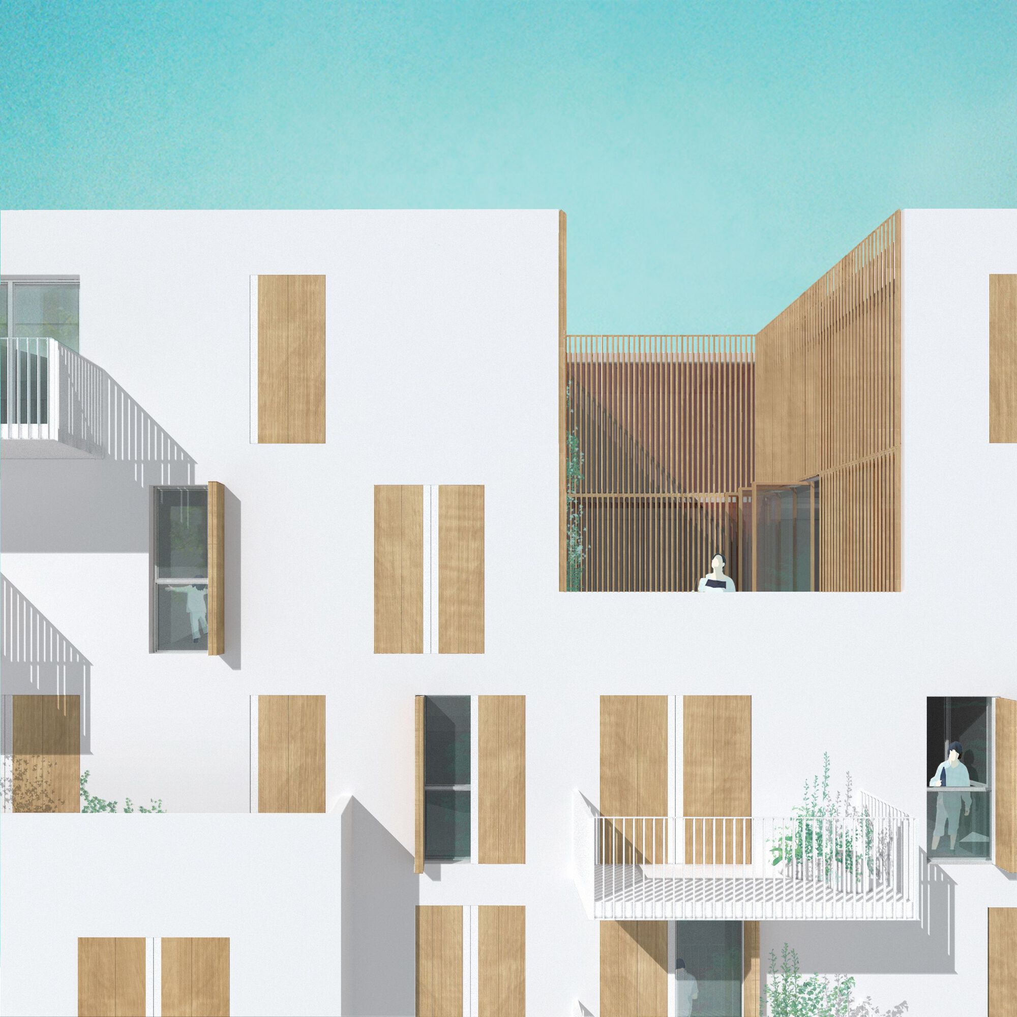 Section drawing showing courtyard volumes with white walls, timber panels, and planted balconies