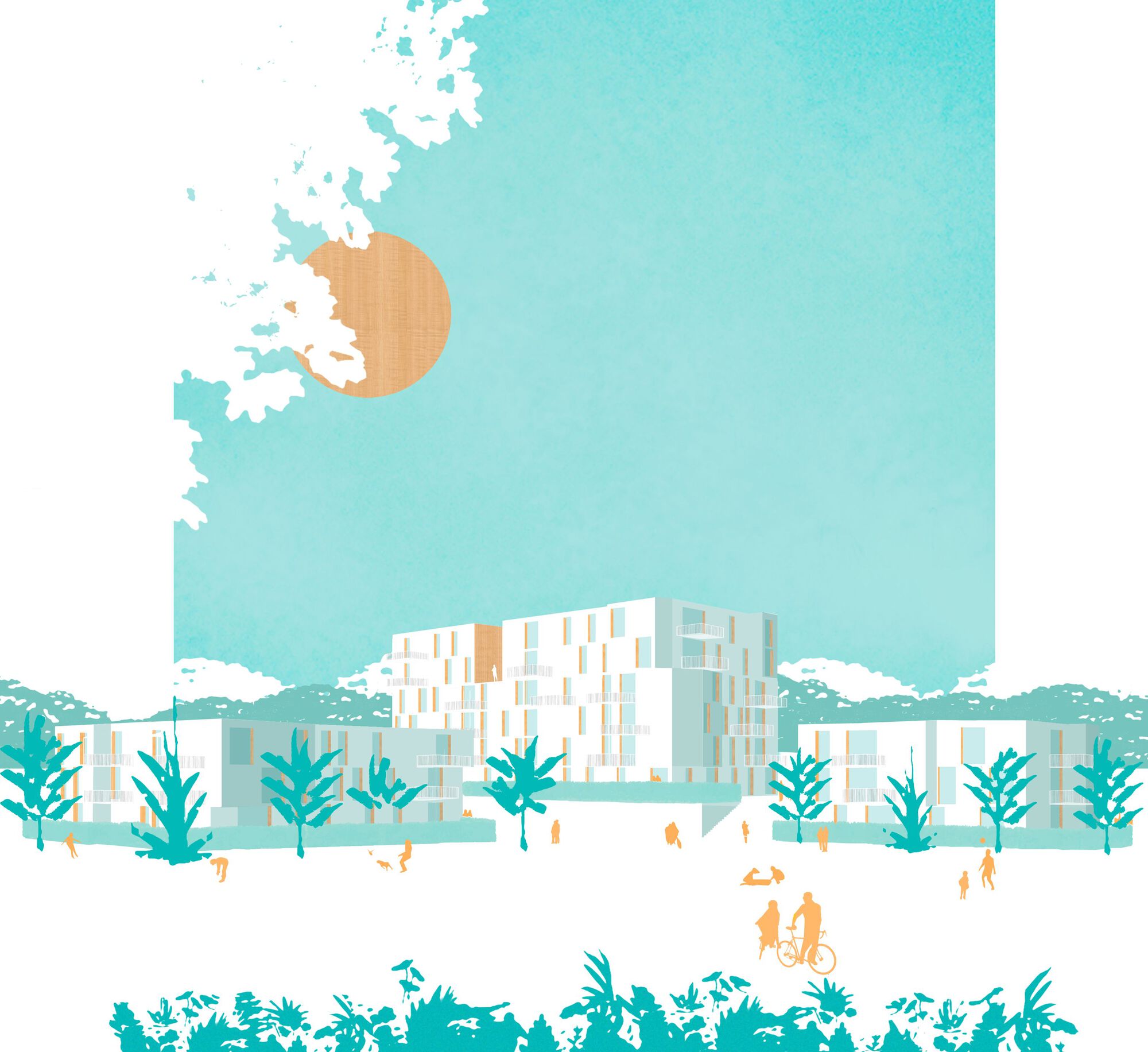 Elevation rendering showing white housing blocks with scattered timber panels beneath a turquoise sky and sun