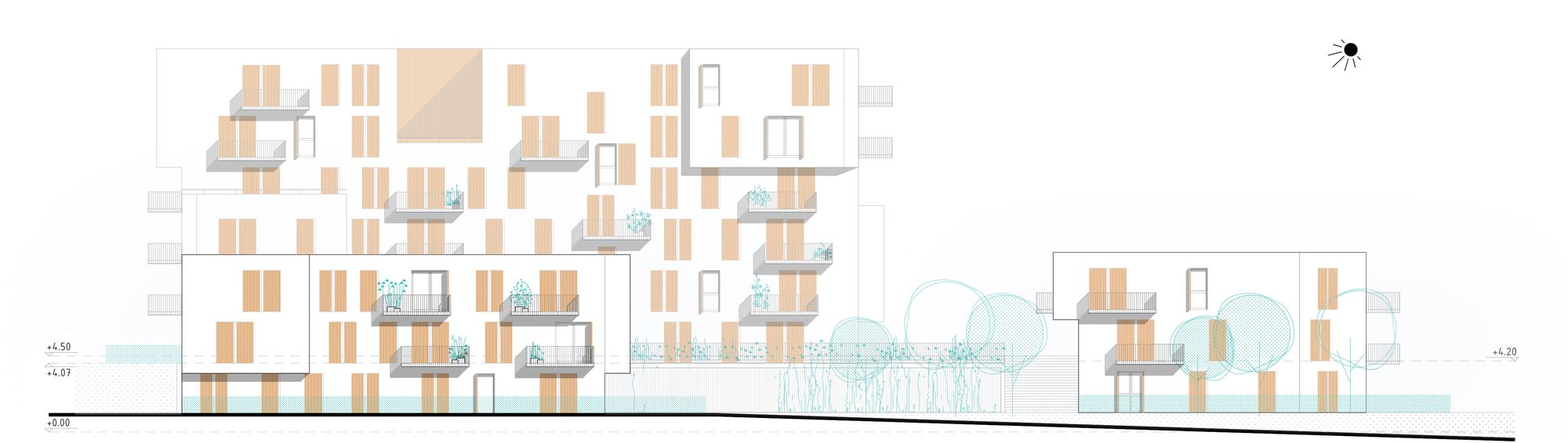 Section drawing showing the staggered balconies with timber screening across the multistorey residential blocks