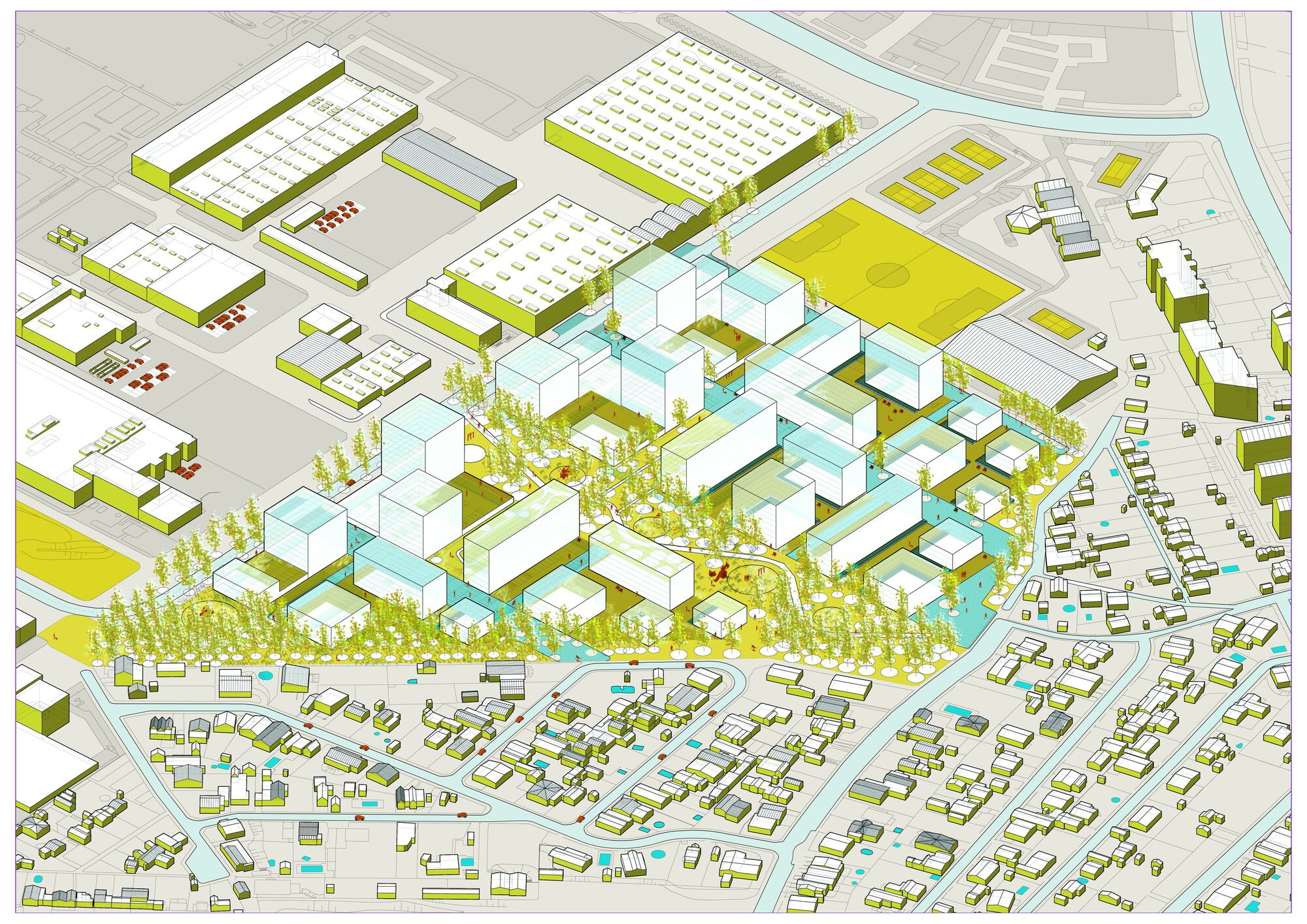 Axonometric site drawing showing mixed-use blocks with green roofs and courtyards among existing low-rise neighborhoods