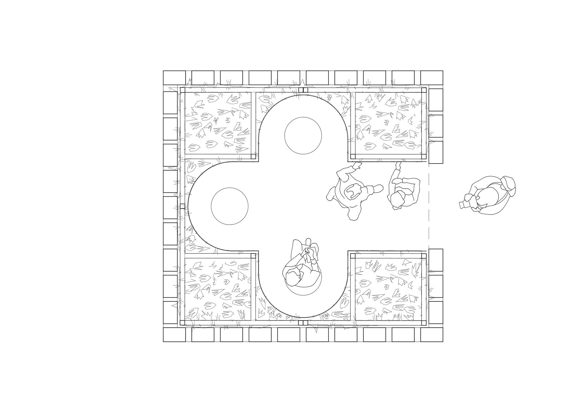 Floor plan drawing showing the clover-shaped central space with planted corners and visitors