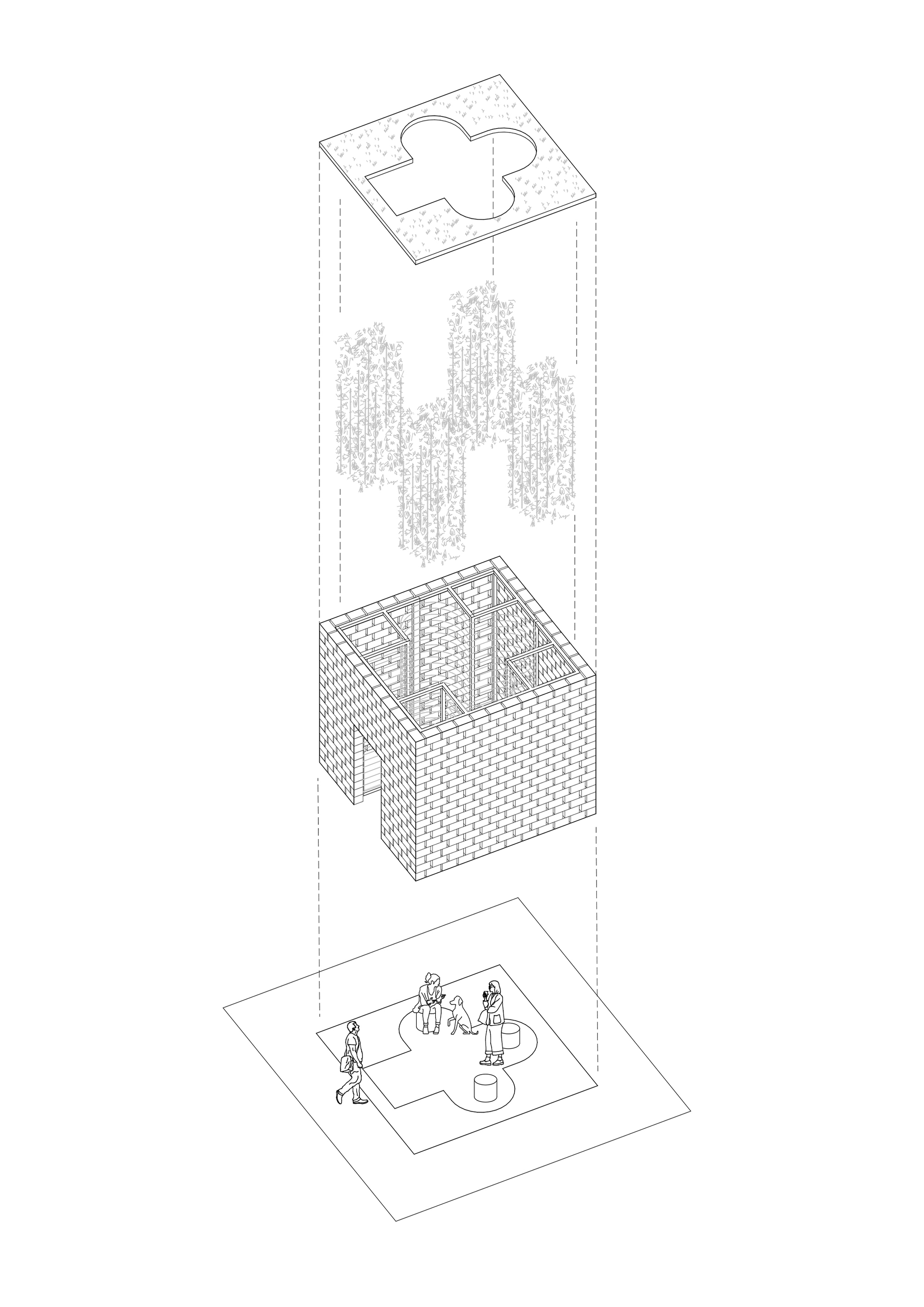 Exploded axonometric drawing showing masonry base, suspended plantings, and quatrefoil roof opening with figures at ground level