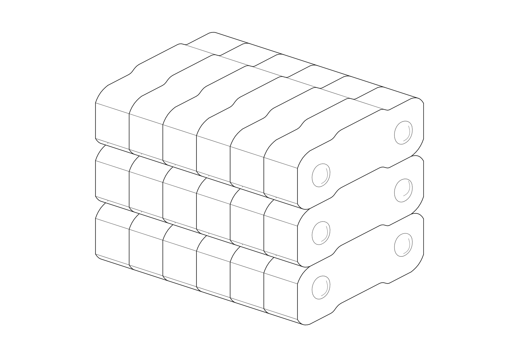 Isometric drawing of stacked cylindrical modules arranged in three rows with circular openings at their ends