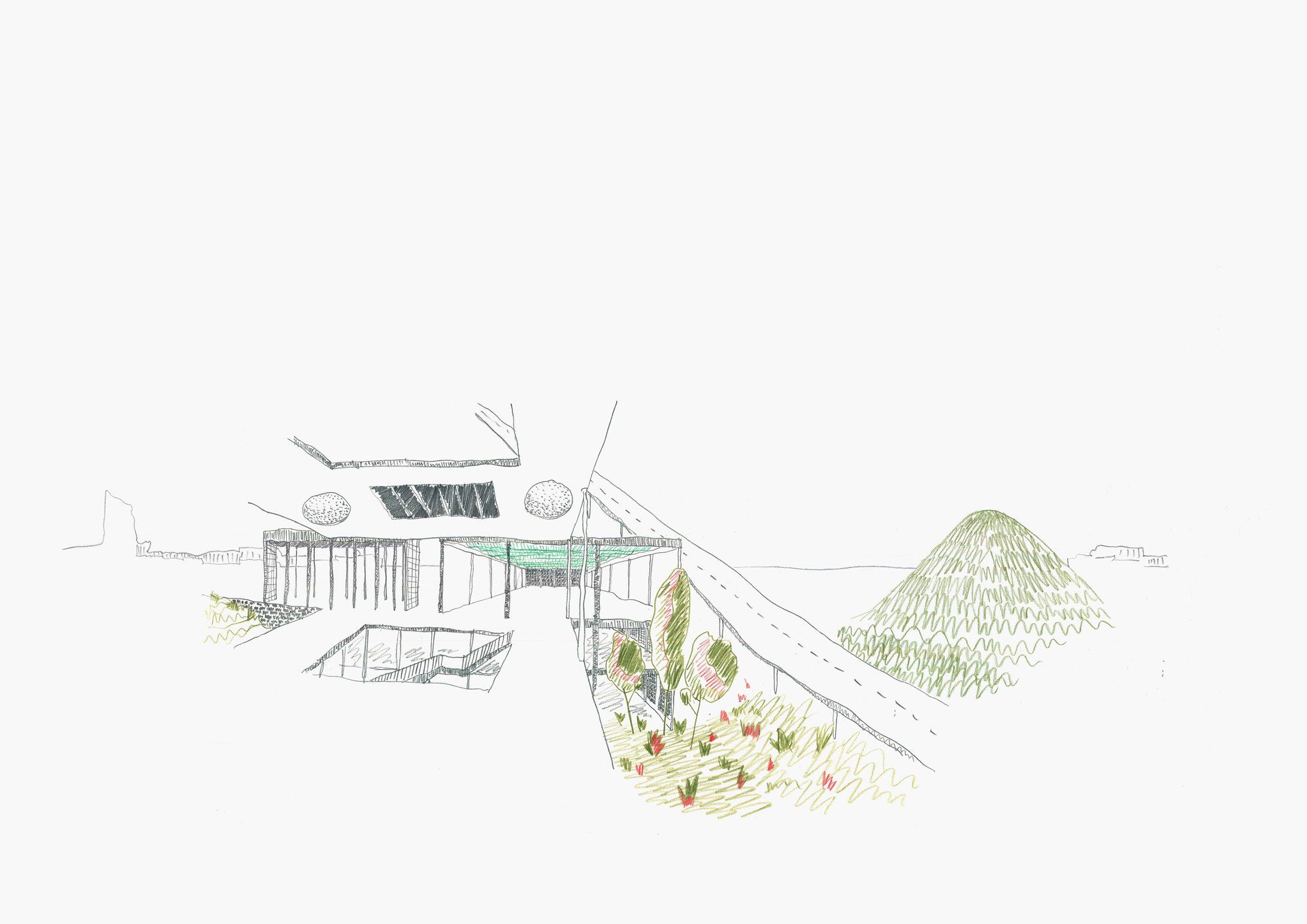Perspective sketch showing a courtyard with planted slope and column-supported canopy