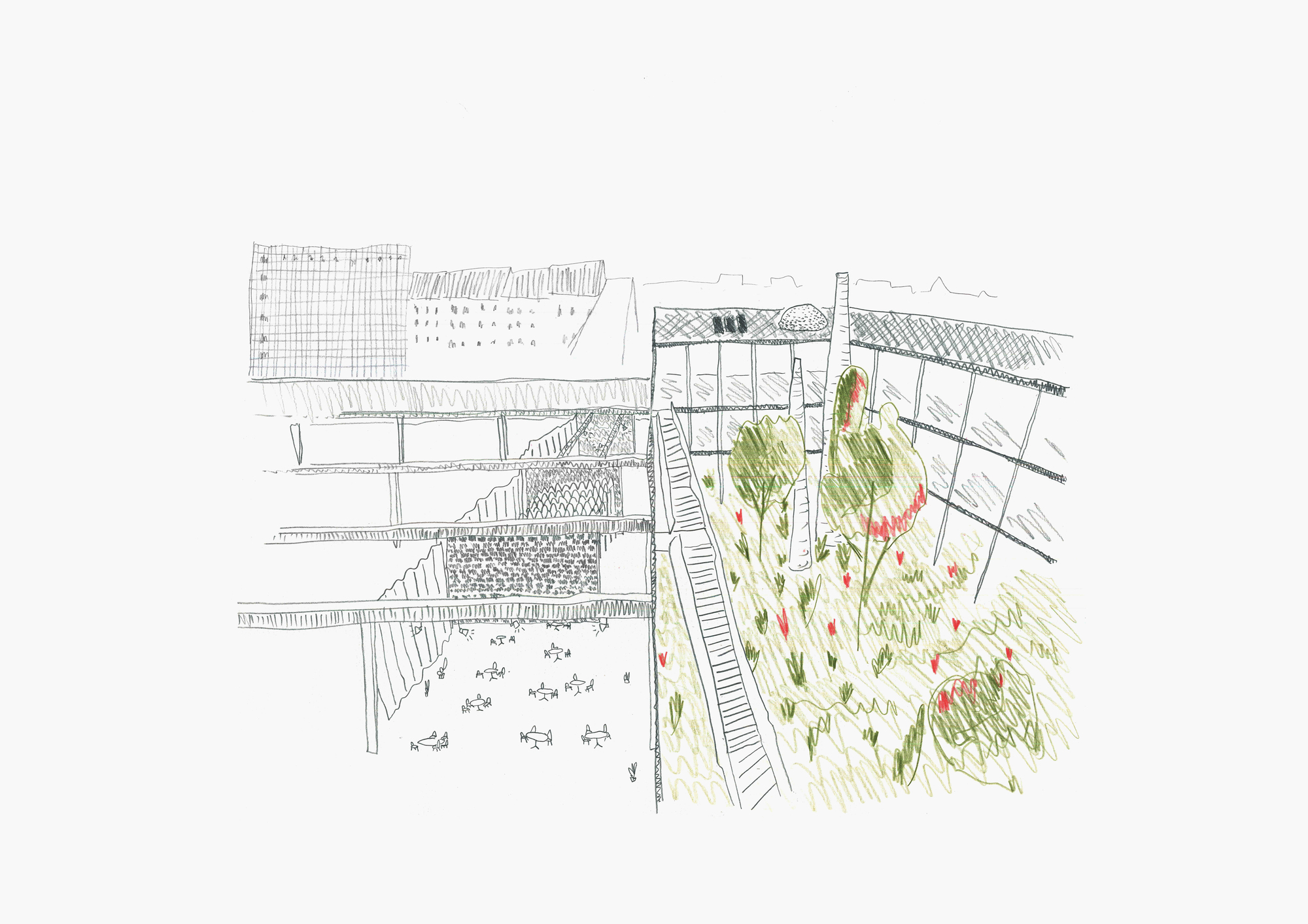Section sketch depicting interior levels with planted terraces and stairways between exhibition and gathering spaces