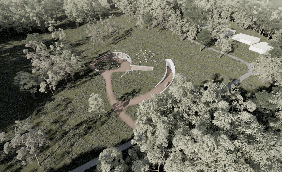 Embedded within the forest terrain, the project minimizes environmental impact through sustainable architectural design.