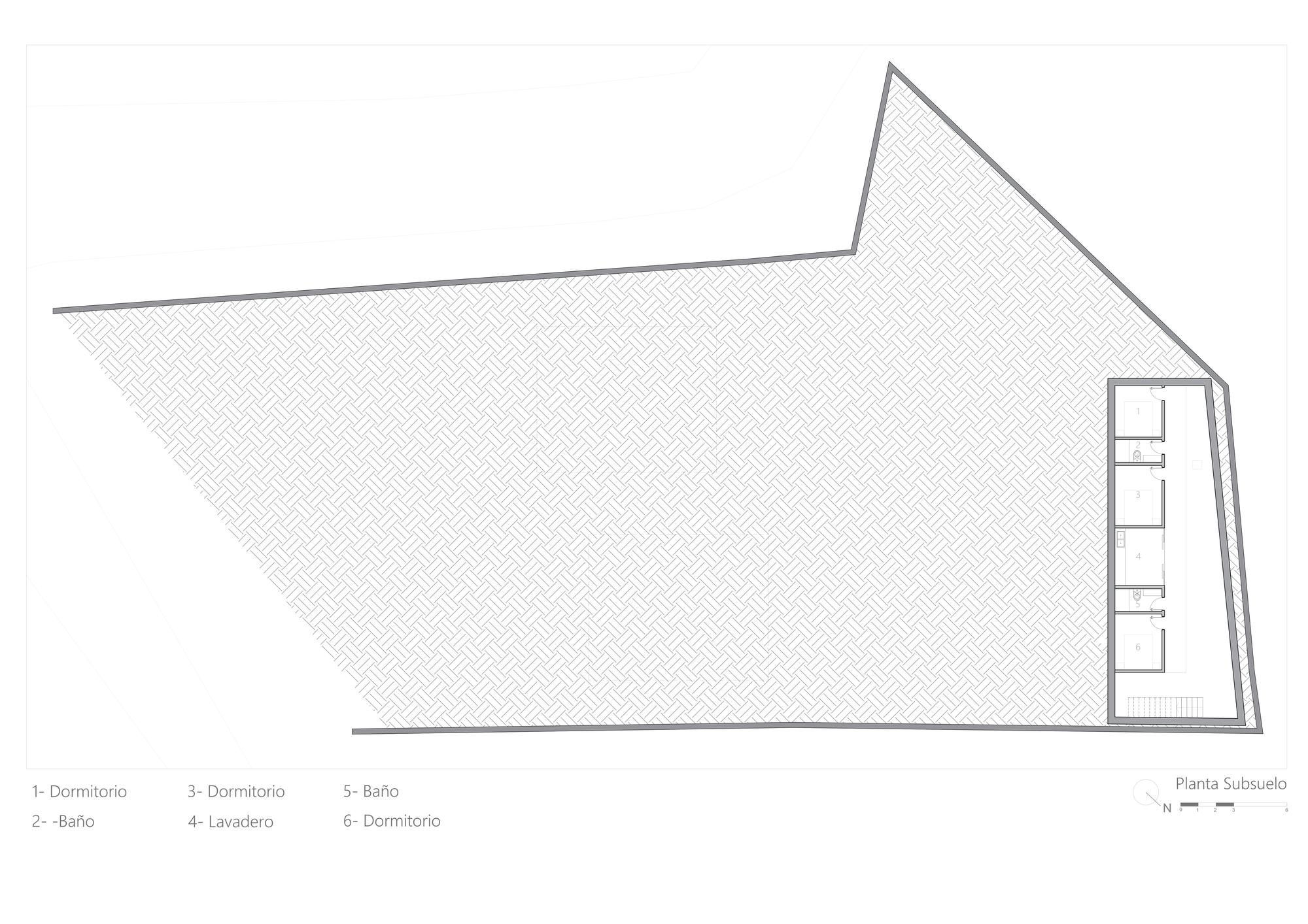 Basement floor plan of an irregularly shaped structure with rooms clustered at one corner
