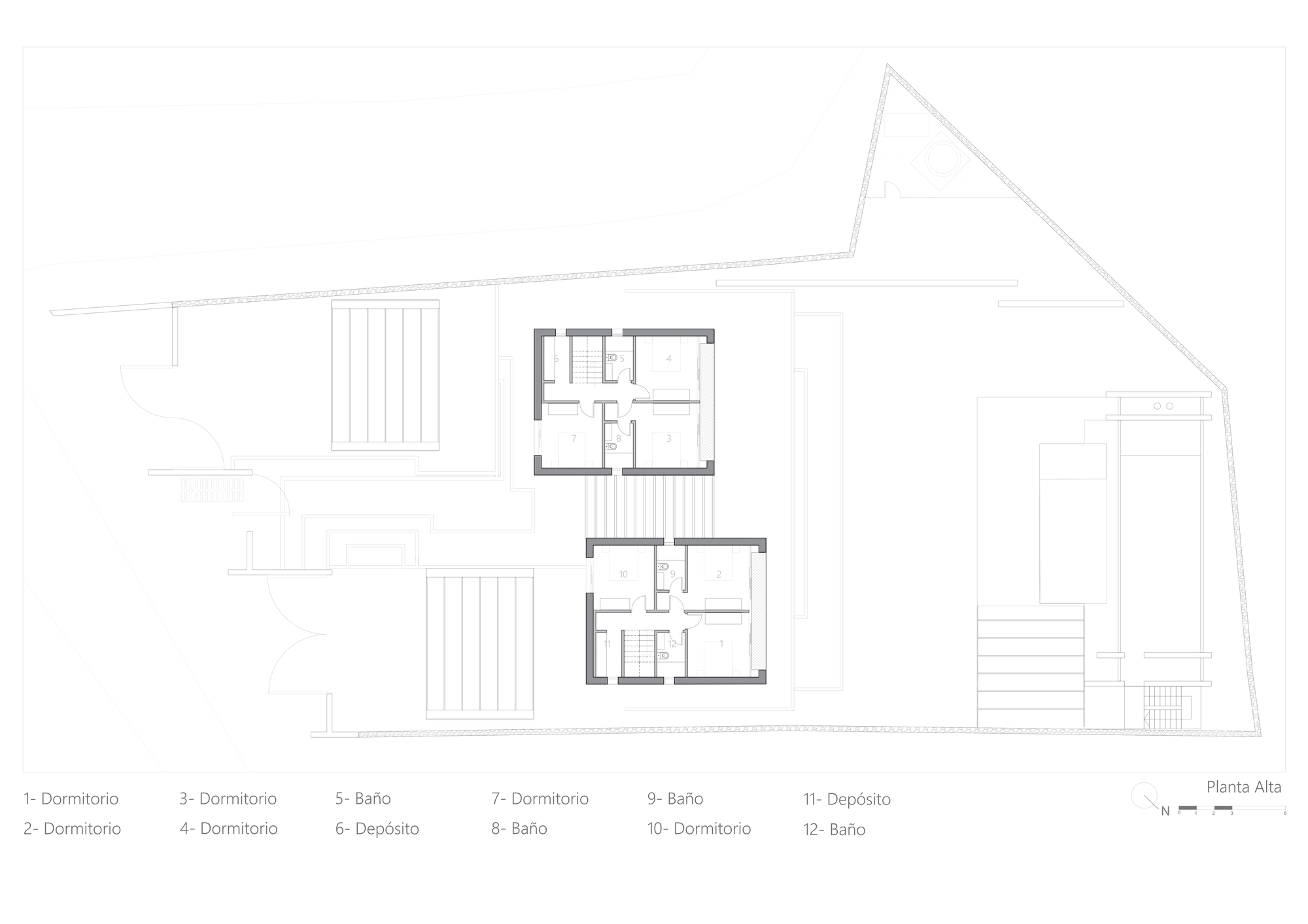 Upper floor plan illustrating bedrooms and bathrooms arranged in mirrored residential units