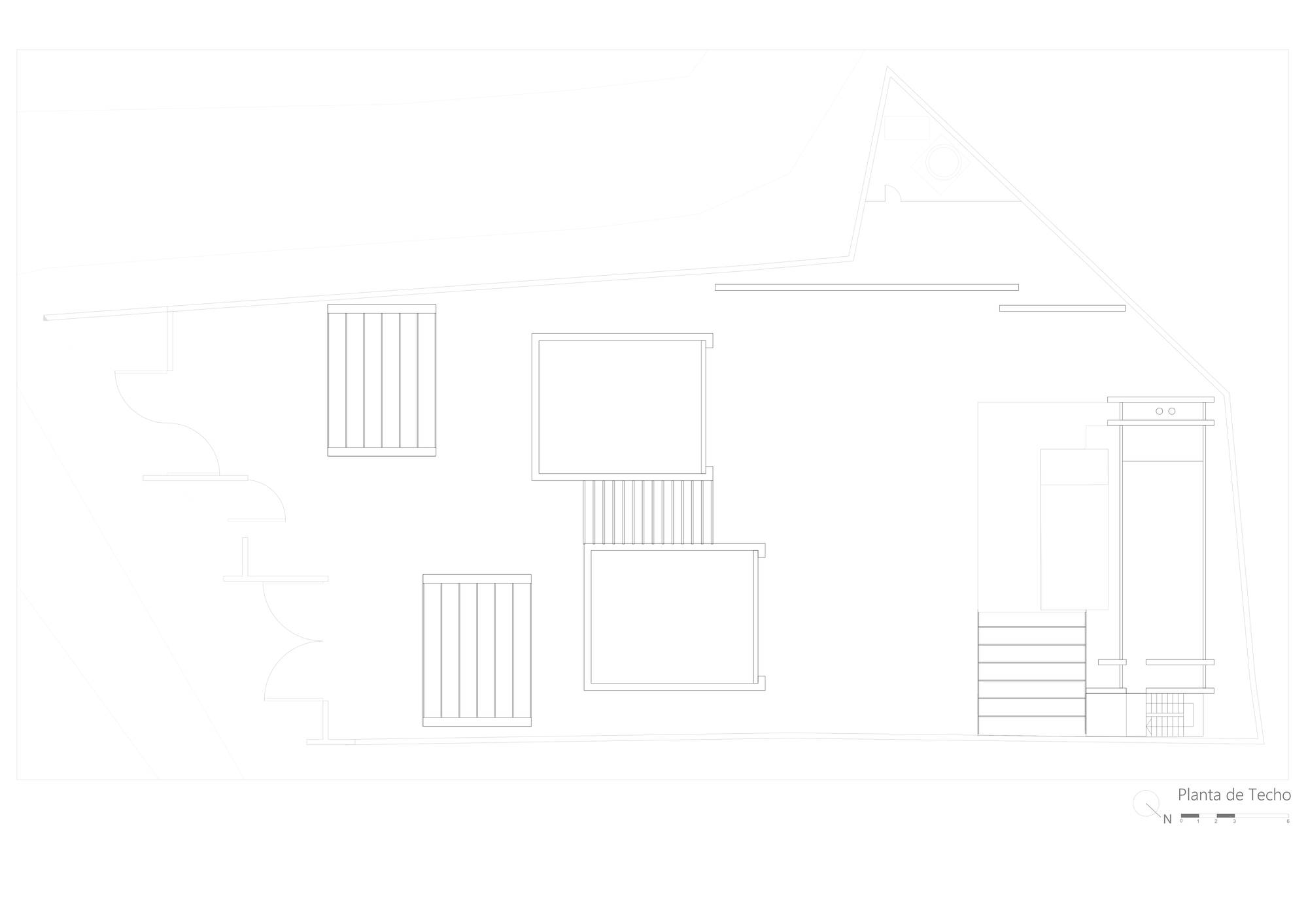 Roof plan drawing depicting flat surfaces, skylights, and stair access points
