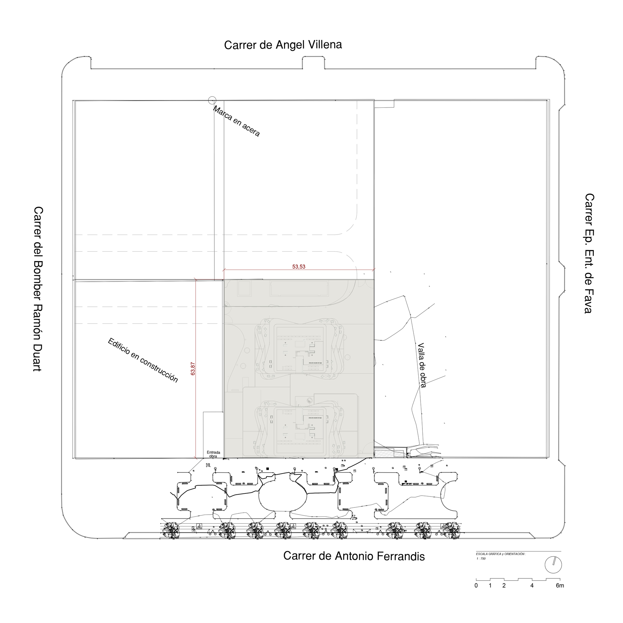 Site plan drawing showing two rectangular volumes within a city block bounded by surrounding streets