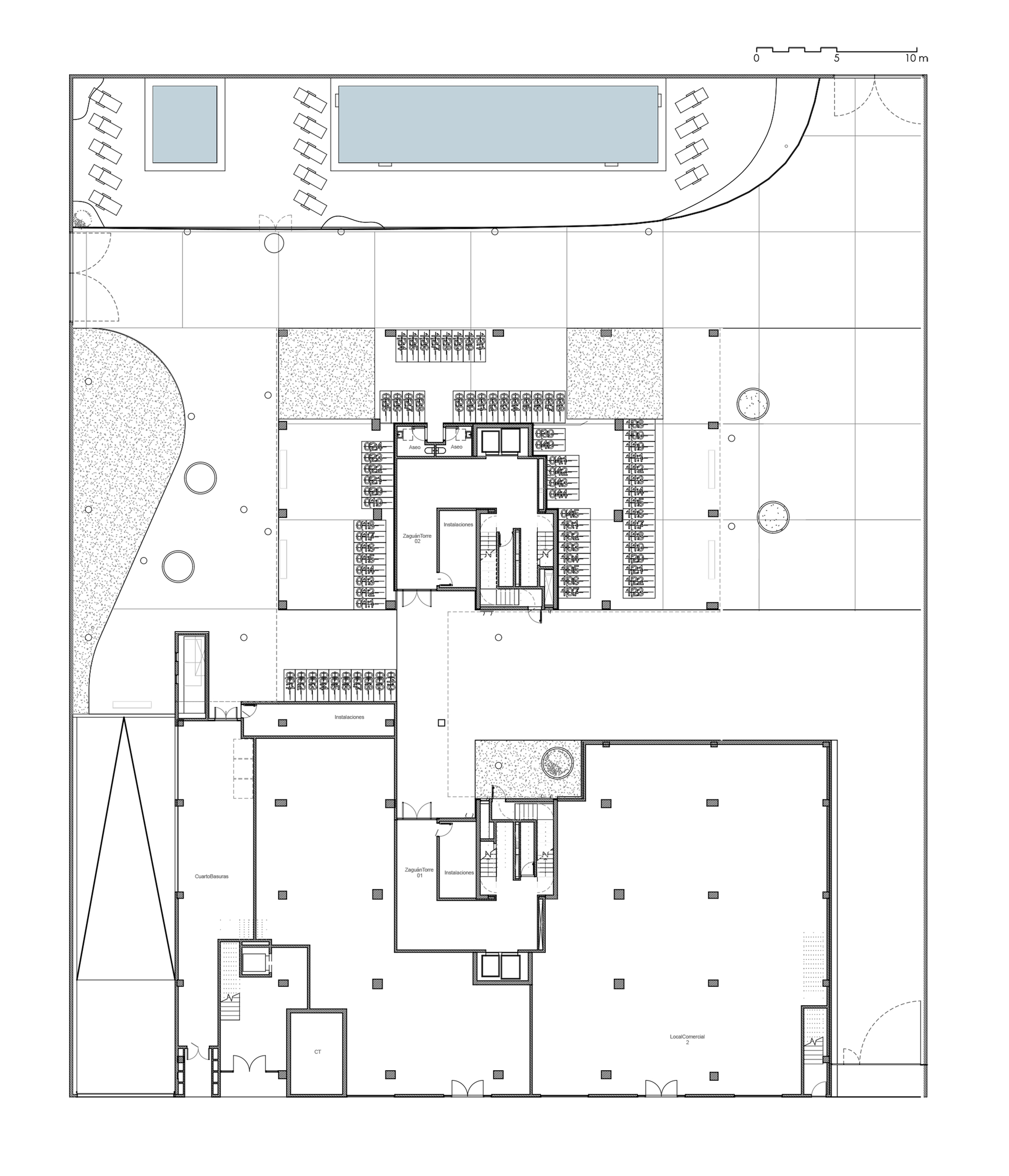 Ground floor plan drawing depicting two buildings with courtyard spaces and surrounding landscape elements