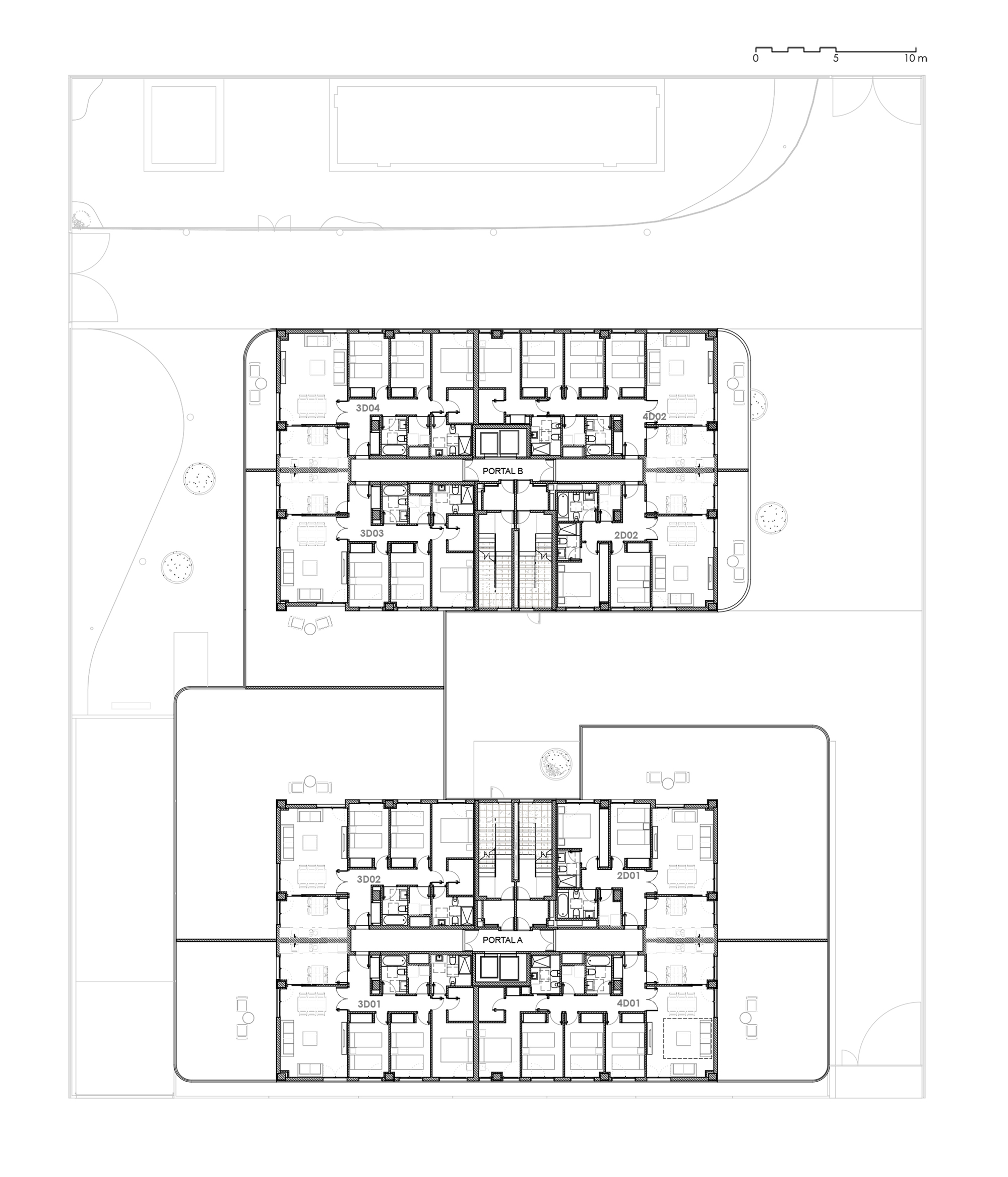 Typical floor plan drawing illustrating two residential blocks with central corridors and repetitive unit layouts