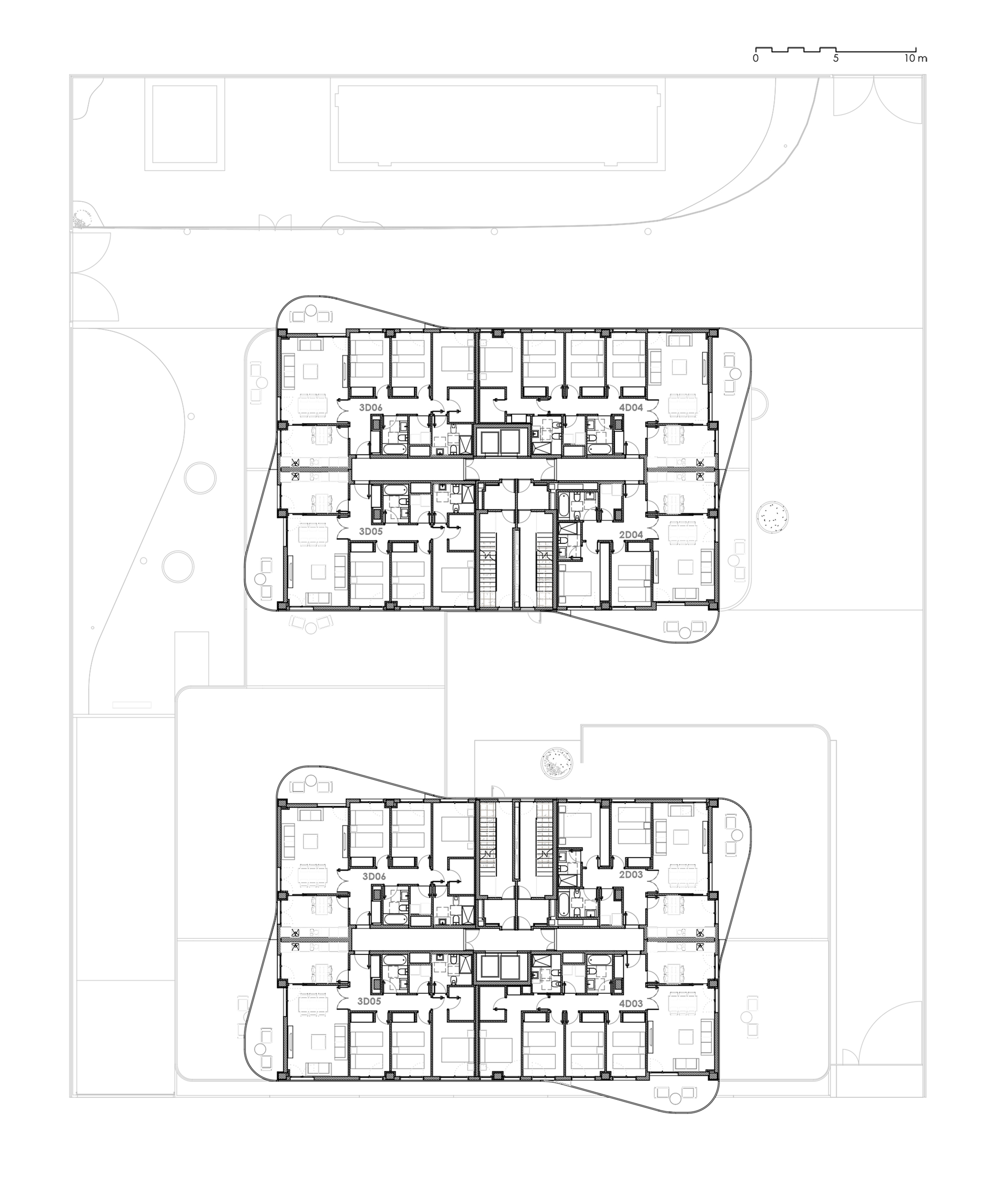 Upper floor plan drawing showing two residential volumes with corner units and curved building edges