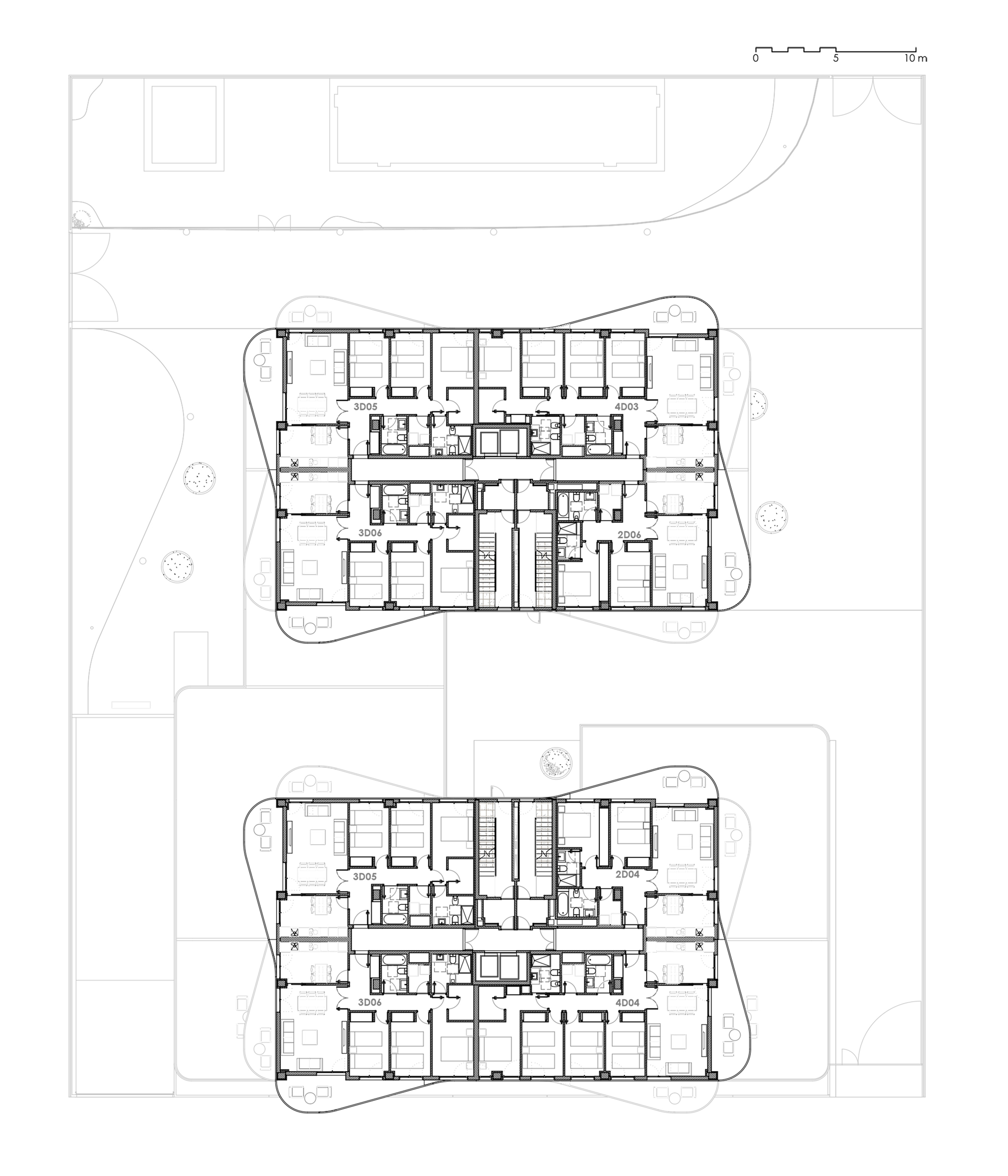 Top floor plan drawing depicting two residential blocks with rounded corners and rooftop terraces