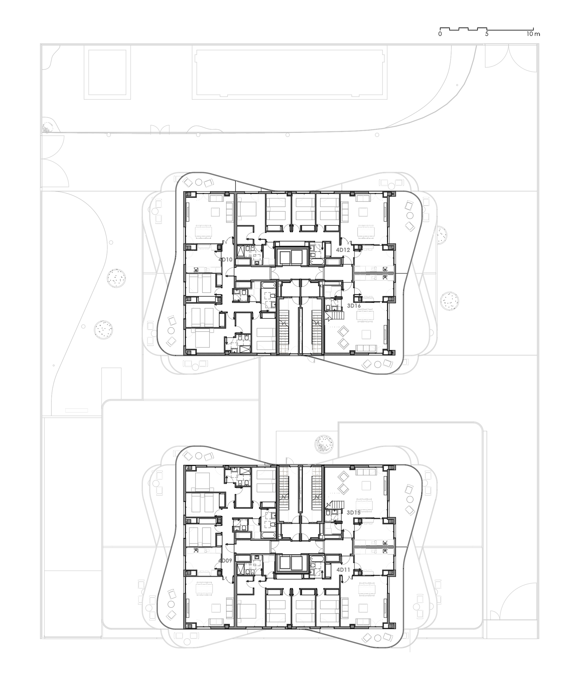 Floor plan drawings showing two residential levels with central cores and surrounding units in organic perimeter forms