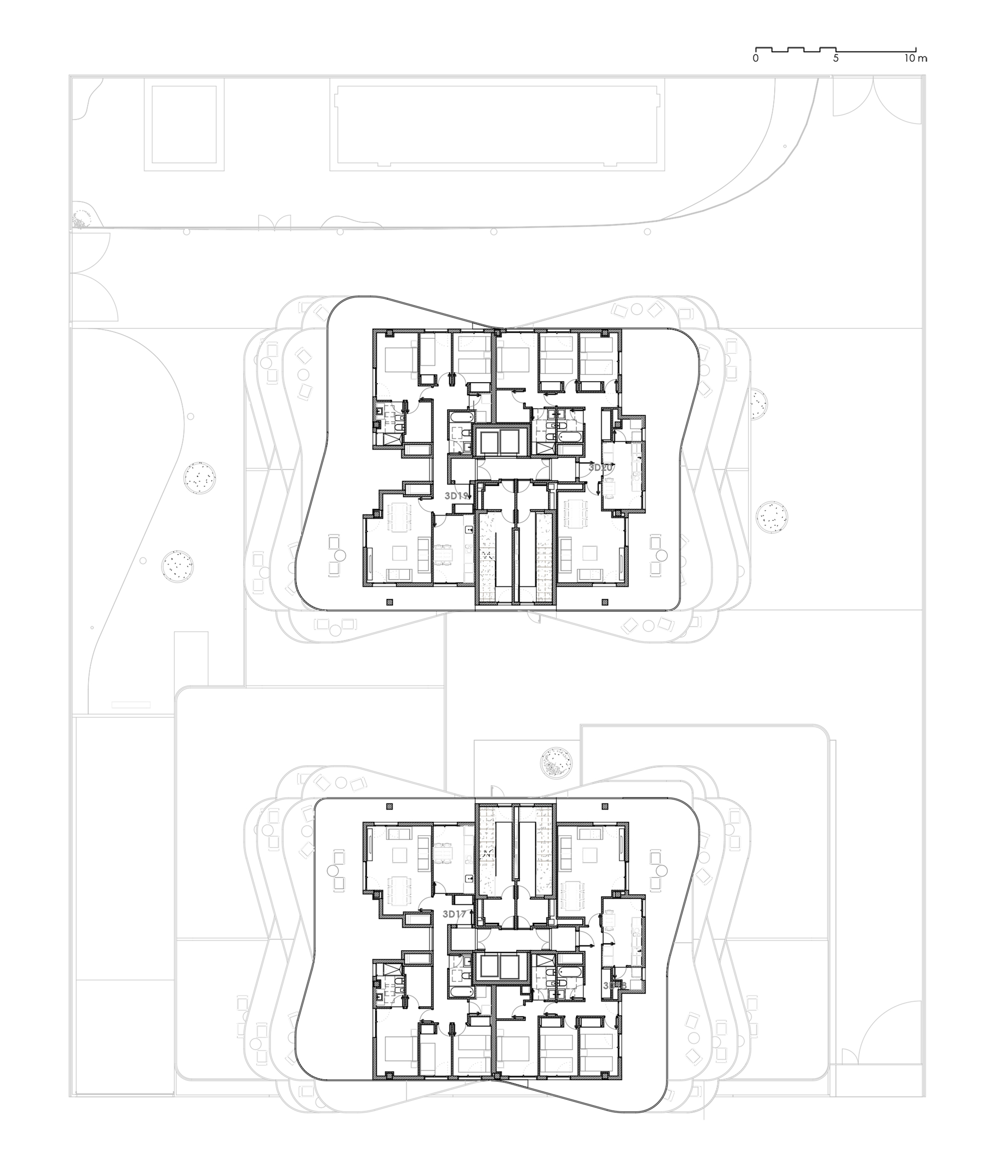 Floor plan drawings showing two levels with central circulation cores and residential units around curved building edges