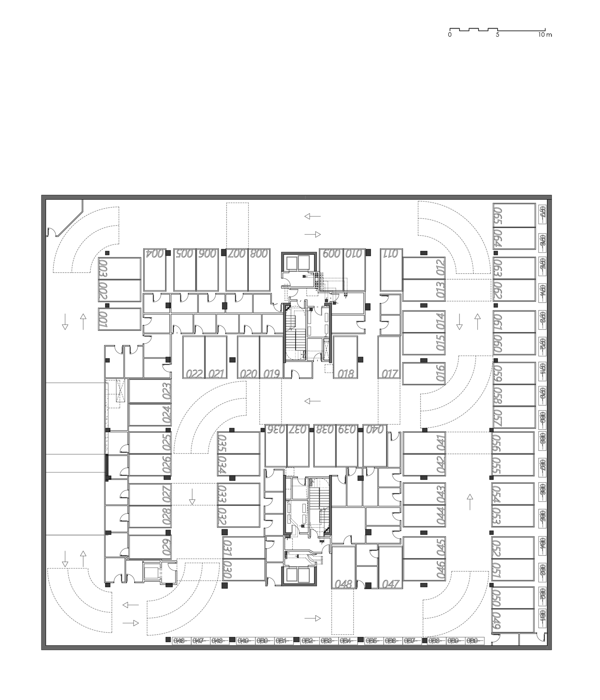 Floor plan drawing showing residential level with numbered units arranged around dual central cores and curved corners