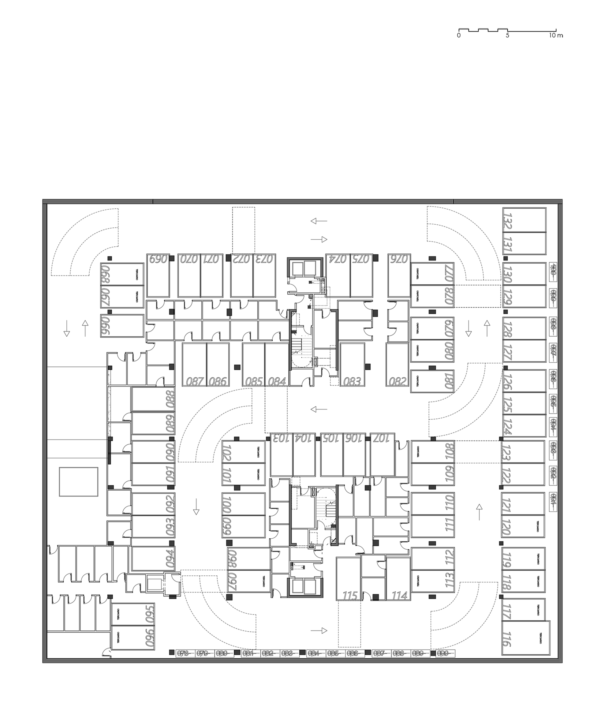Floor plan drawing showing residential level with numbered units radiating from twin cores and parking along curved edges