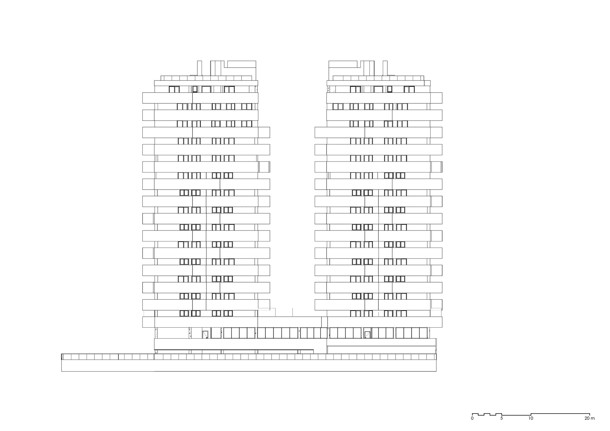 Elevation drawing showing two residential towers connected by a lower podium base