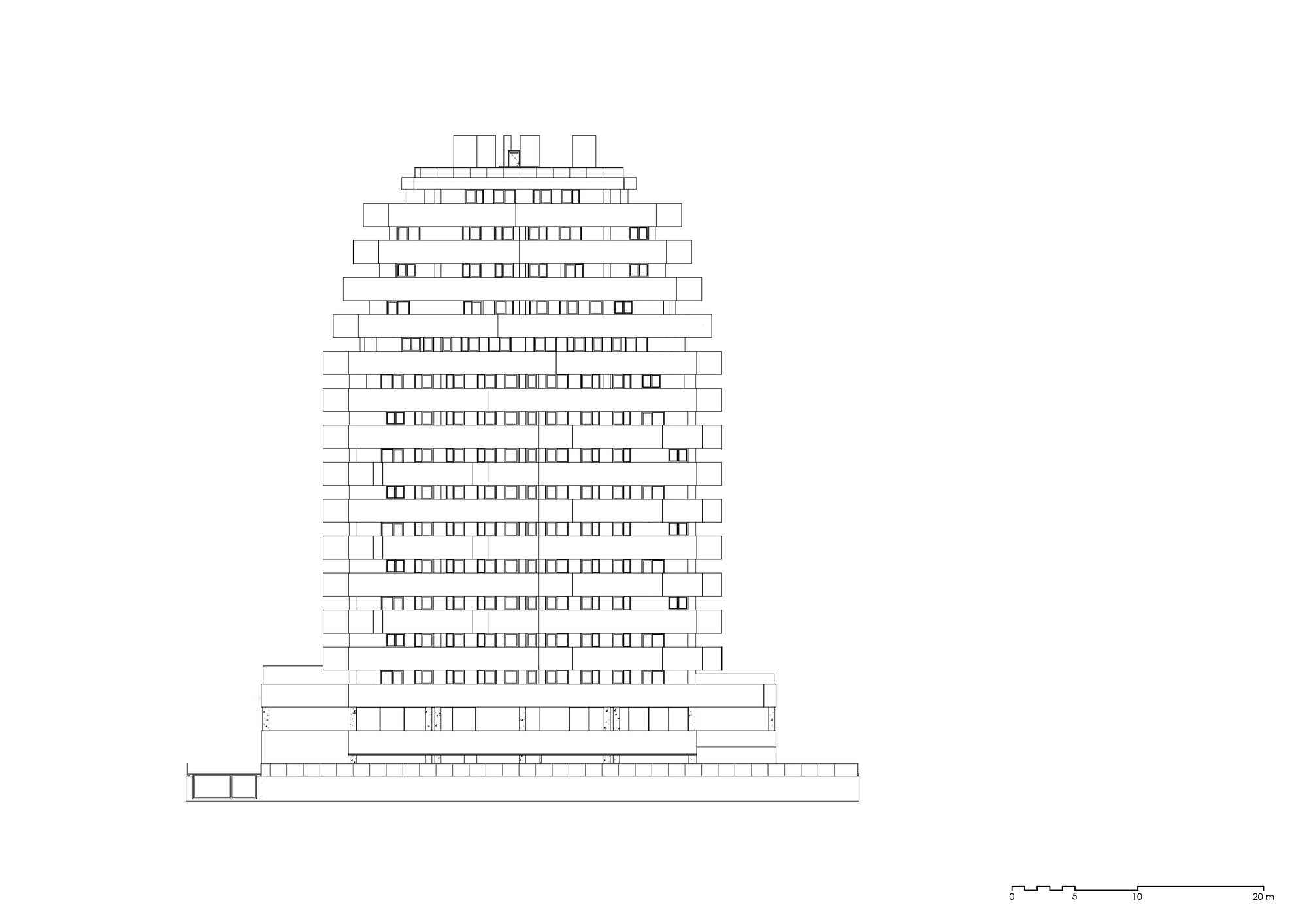 Elevation drawing displaying a terraced residential tower with a stepped profile and ground-level podium