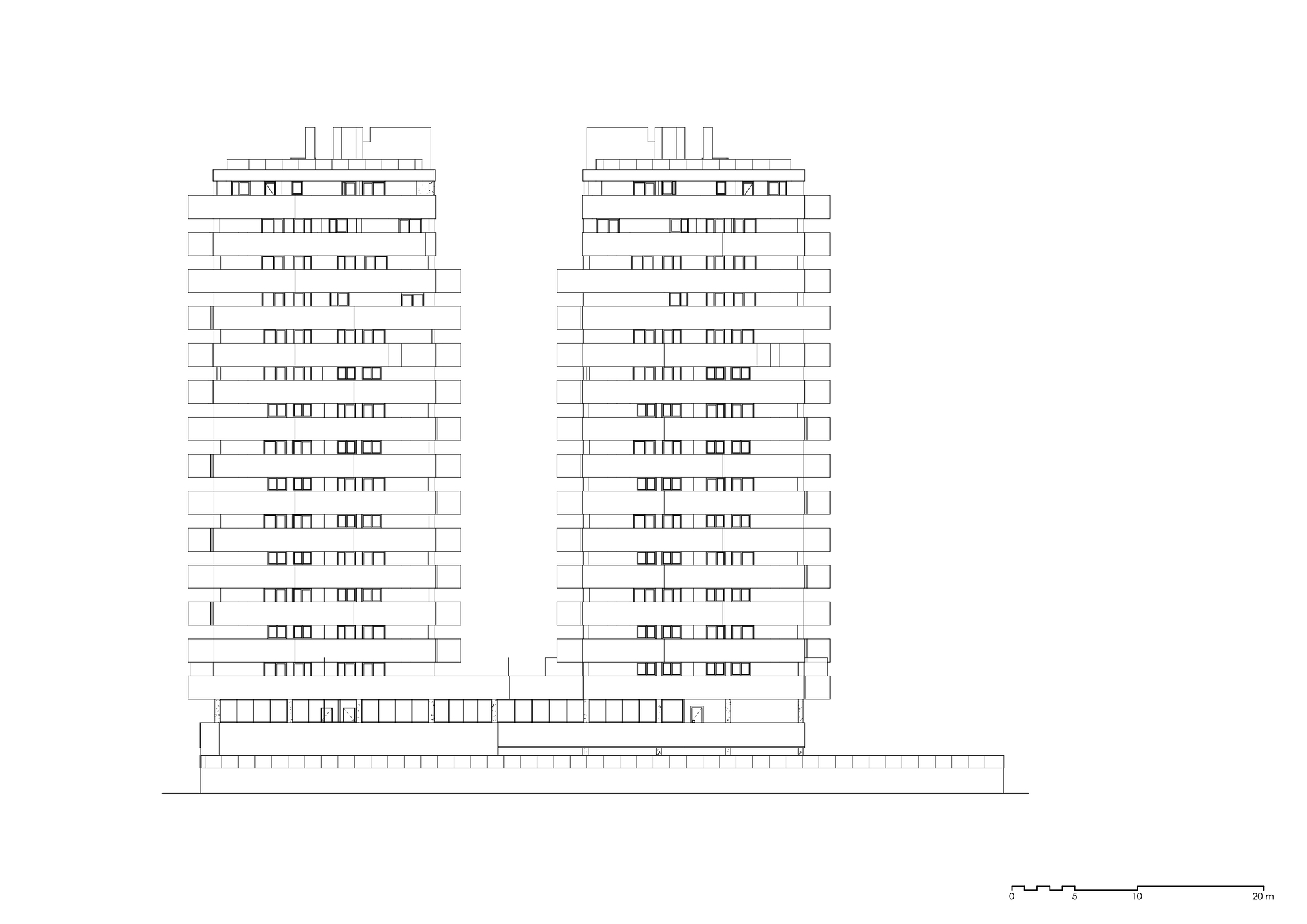 Elevation drawing of two residential towers with projecting balconies and a connecting base podium