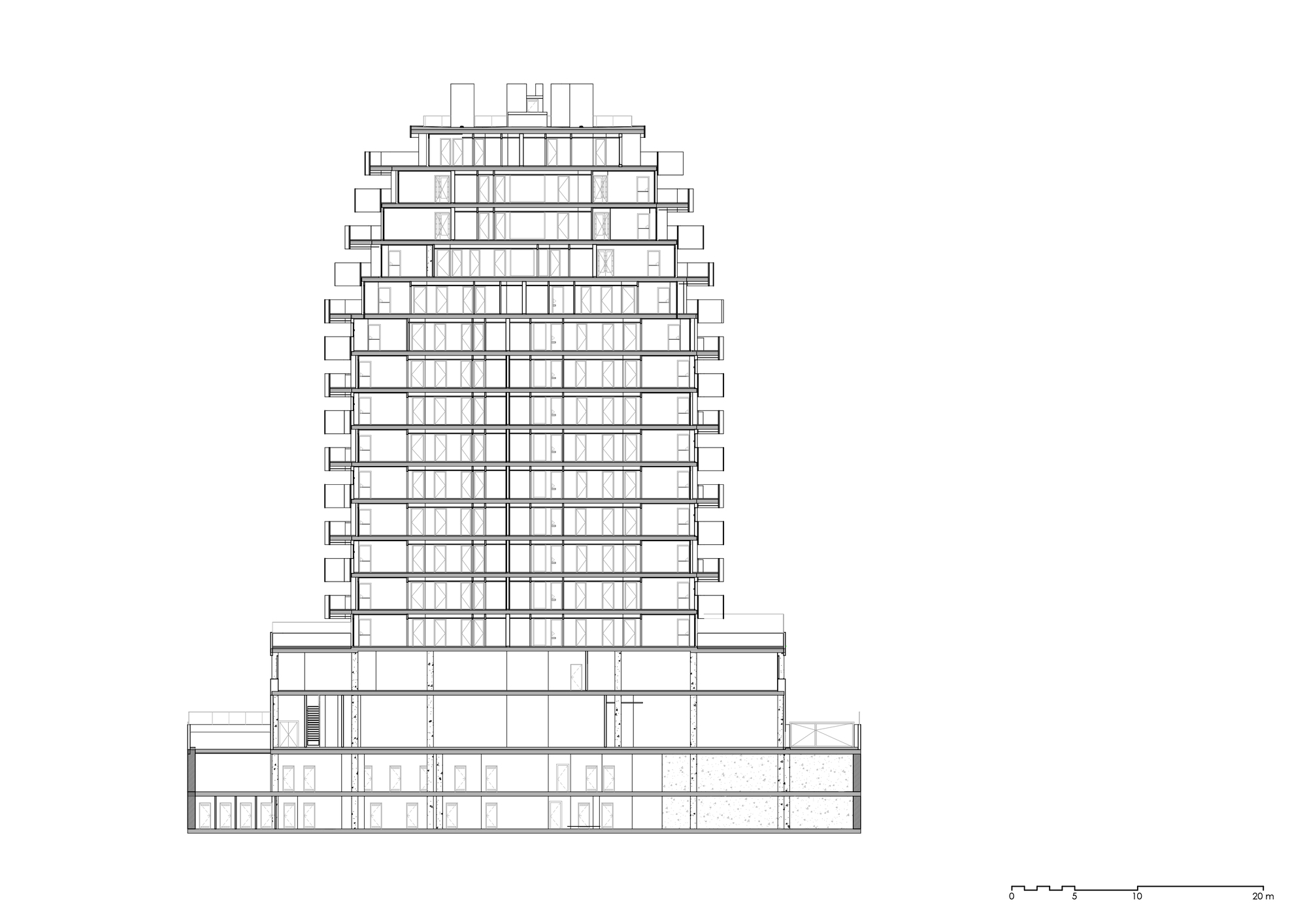 Section drawing revealing the internal floor plates and core structure of a multi-story tower