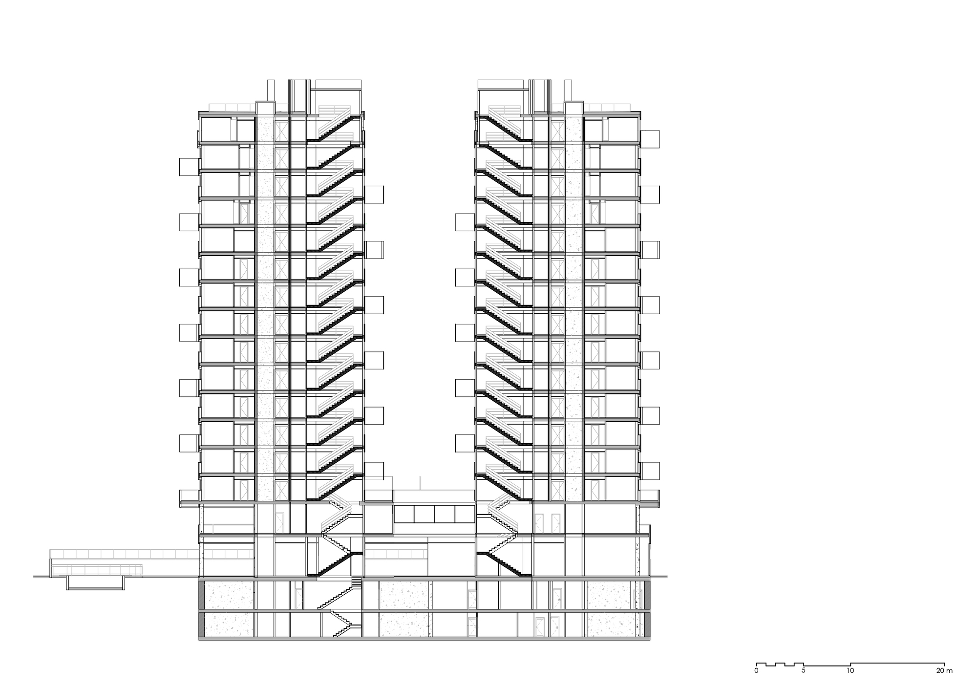 Section drawing showing diagonal bracing within twin towers and their shared connecting base