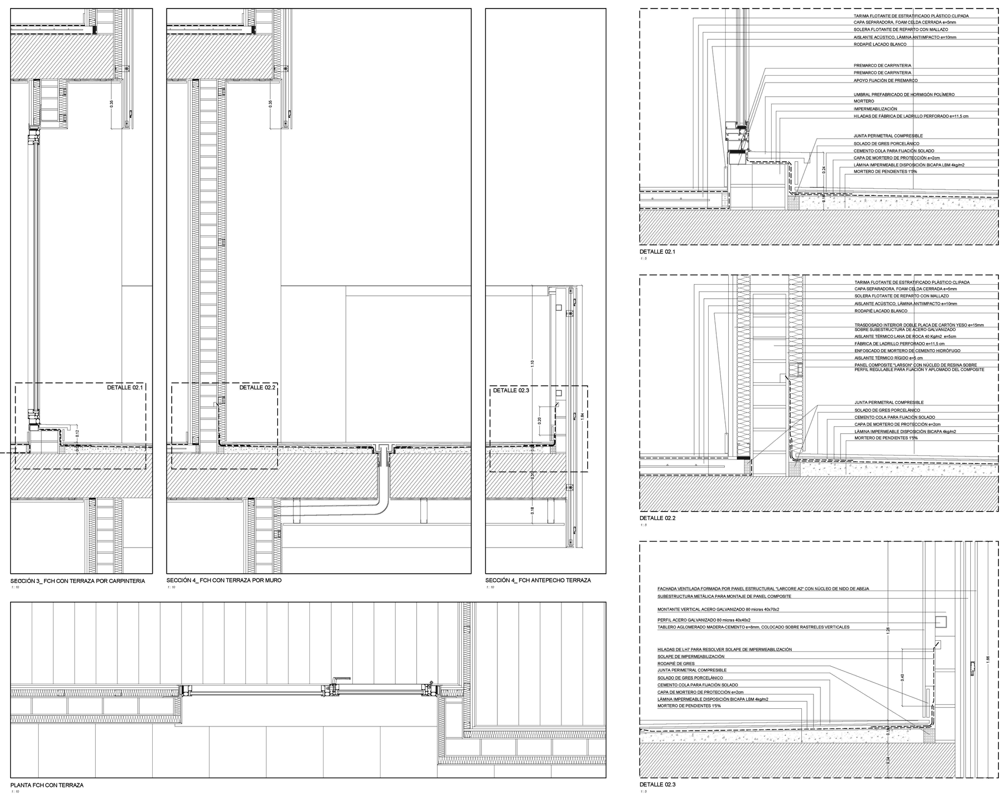 Construction detail drawings illustrating facade sections, terrace conditions, and material assembly specifications
