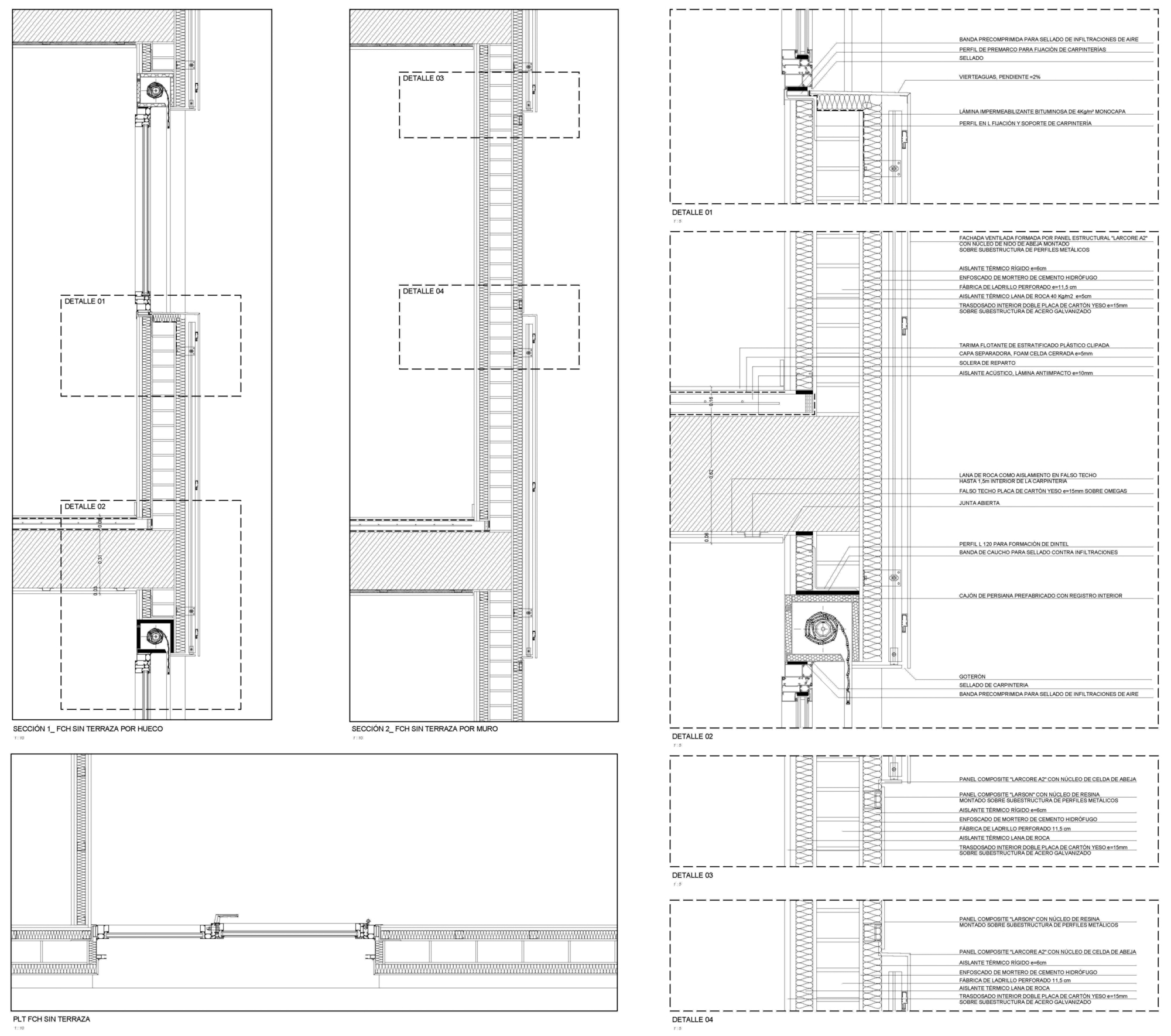 Construction detail drawings showing facade sections with glazing assemblies and thermal insulation layers
