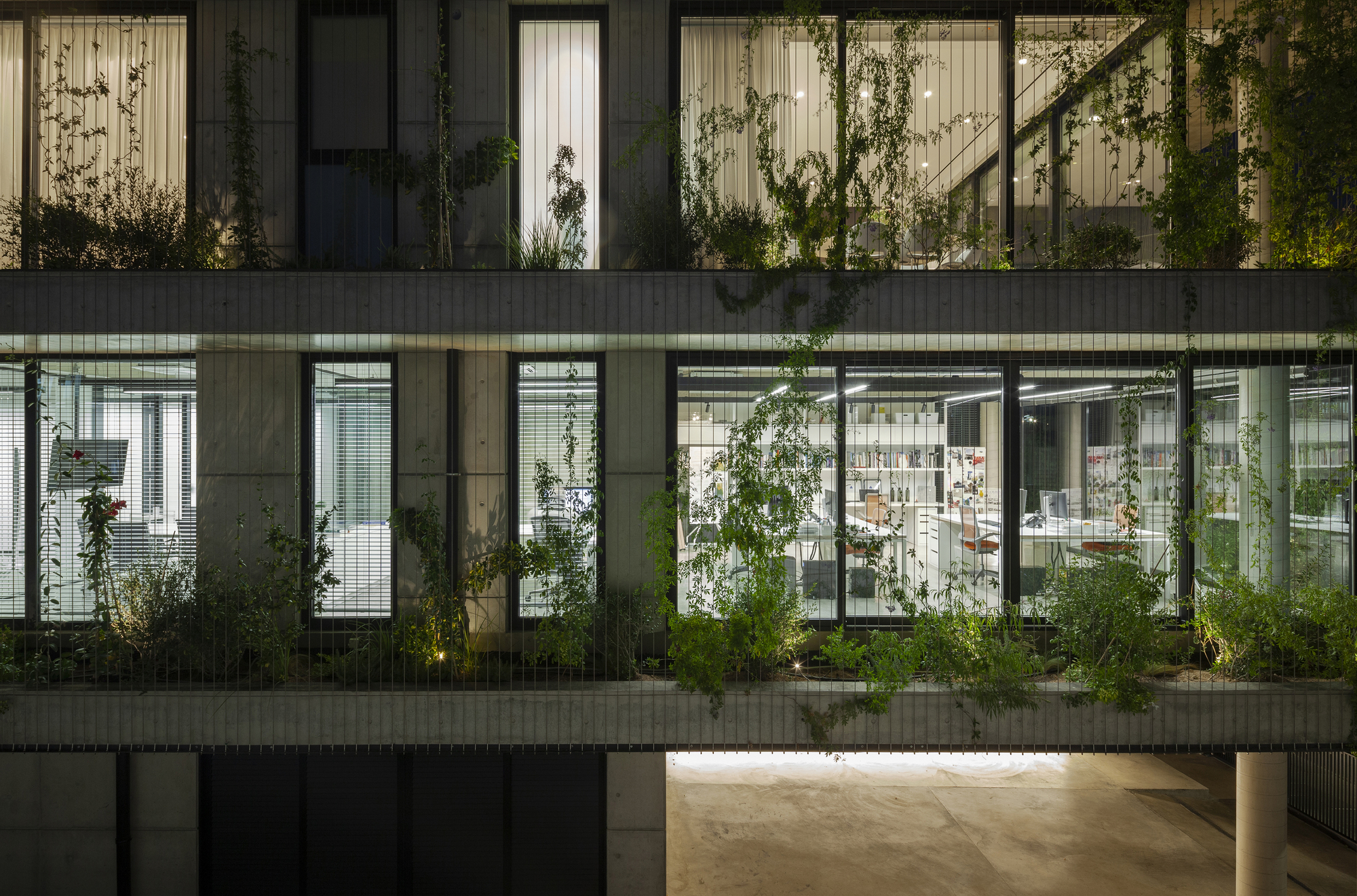 Layered facade at dusk showing planted terraces with glass and concrete across three illuminated floors